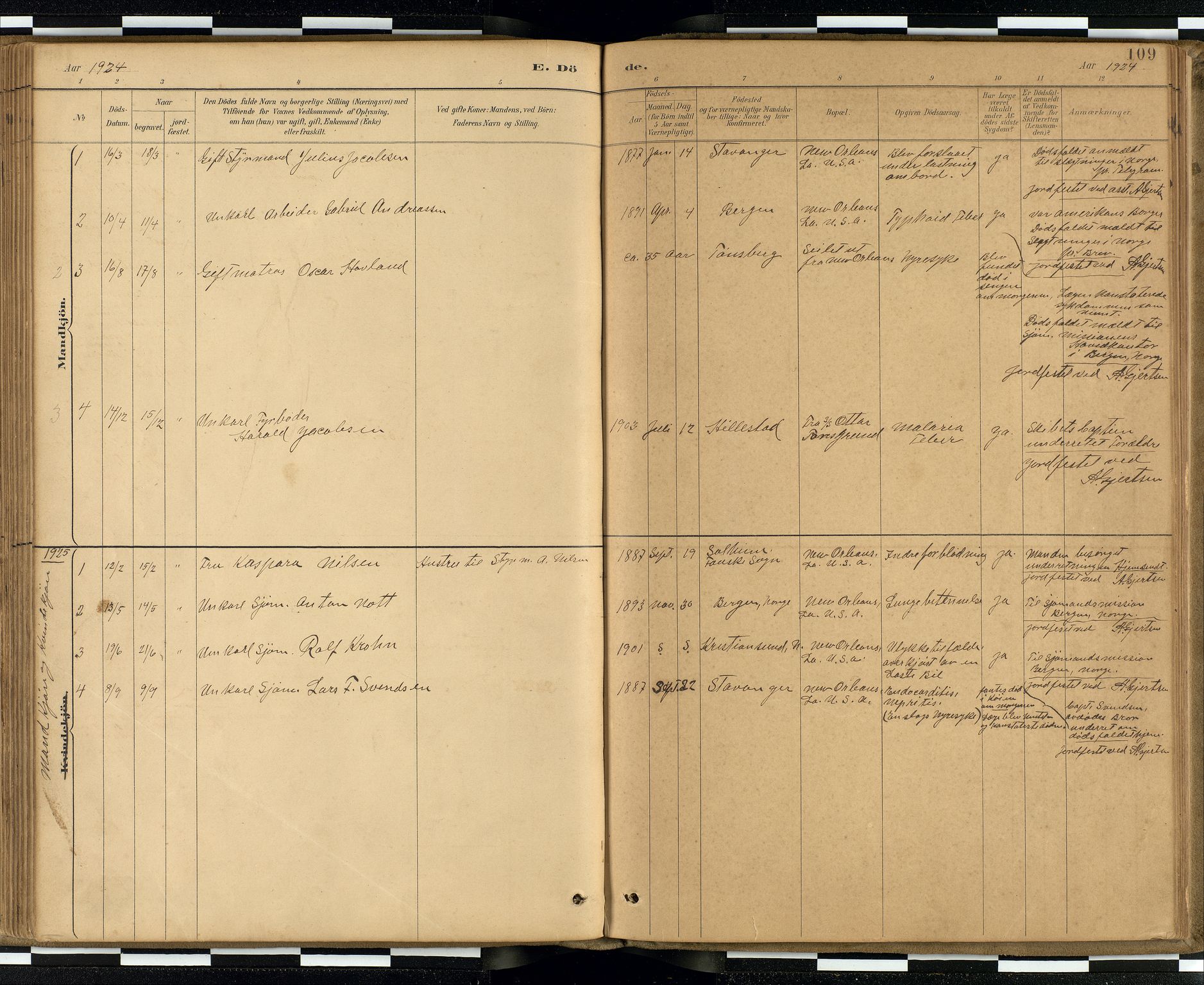 Den norske sjømannsmisjon i utlandet / Quebec (Canada) samt Pensacola--Savannah-Mobile-New Orleans-Gulfport (Gulfhamnene i USA), SAB/SAB/PA-0114/H/Ha/L0001: Parish register (official) no. A 1, 1887-1924, p. 108b-109a