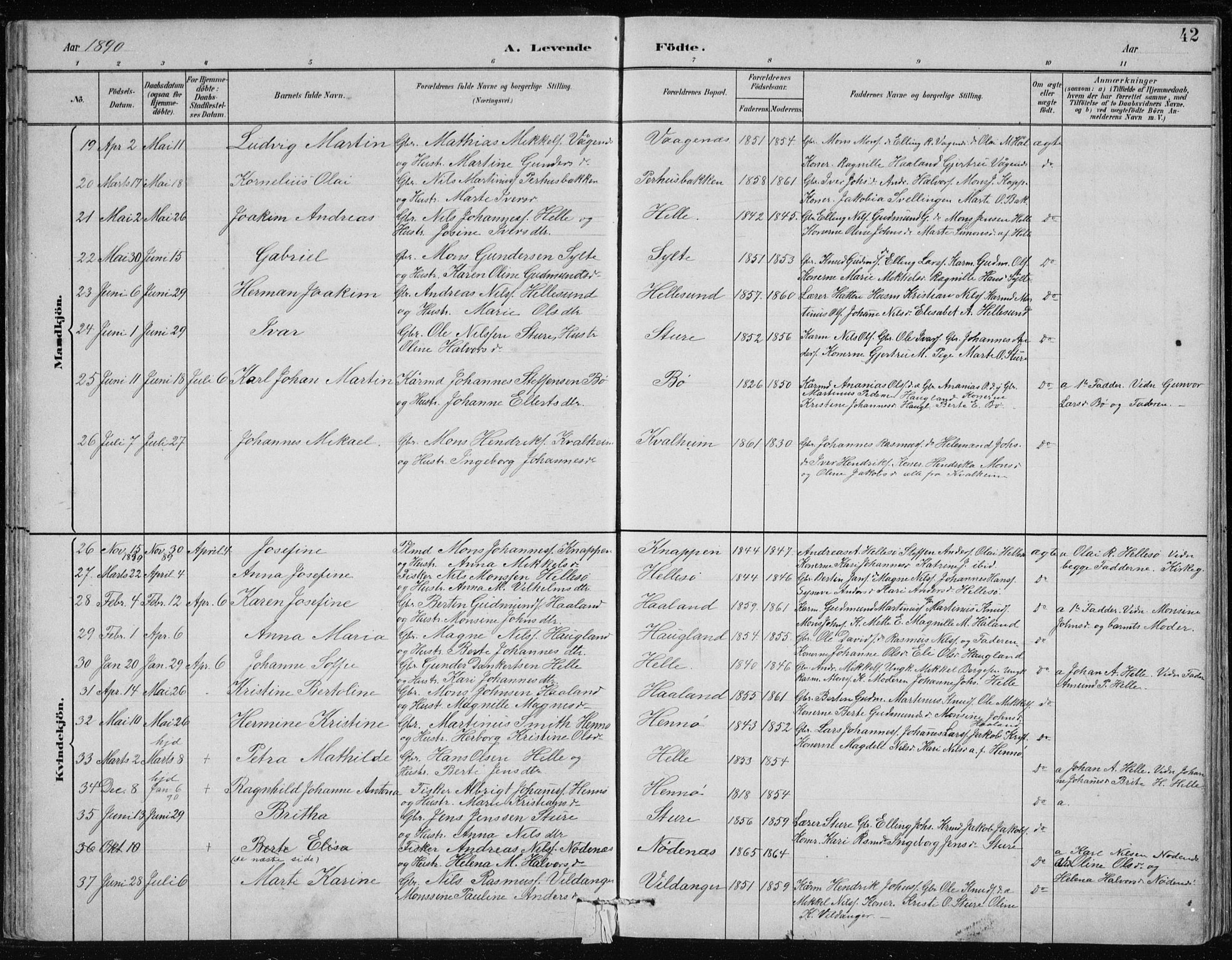 Manger sokneprestembete, SAB/A-76801/H/Hab: Parish register (copy) no. B 2, 1882-1890, p. 42