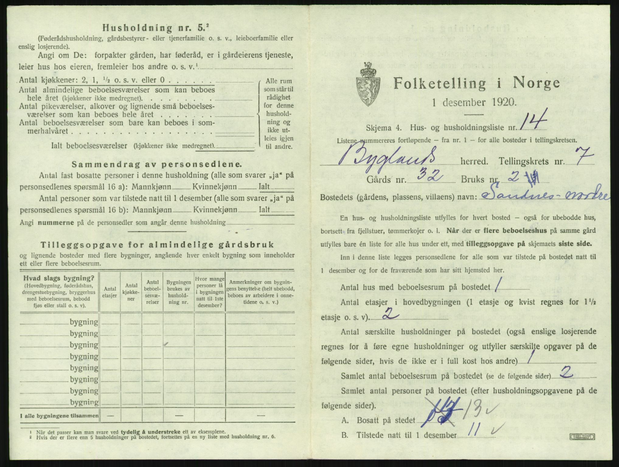 SAK, 1920 census for Bygland, 1920, p. 397