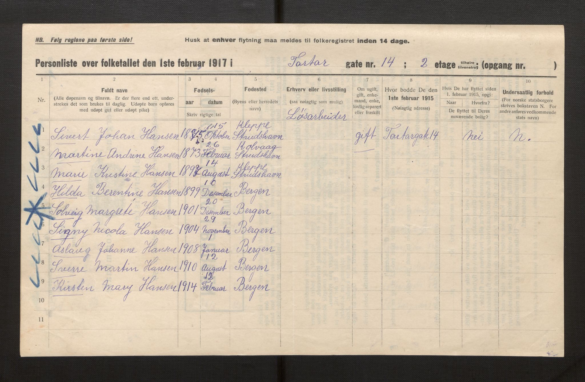 SAB, Municipal Census 1917 for Bergen, 1917, p. 41123