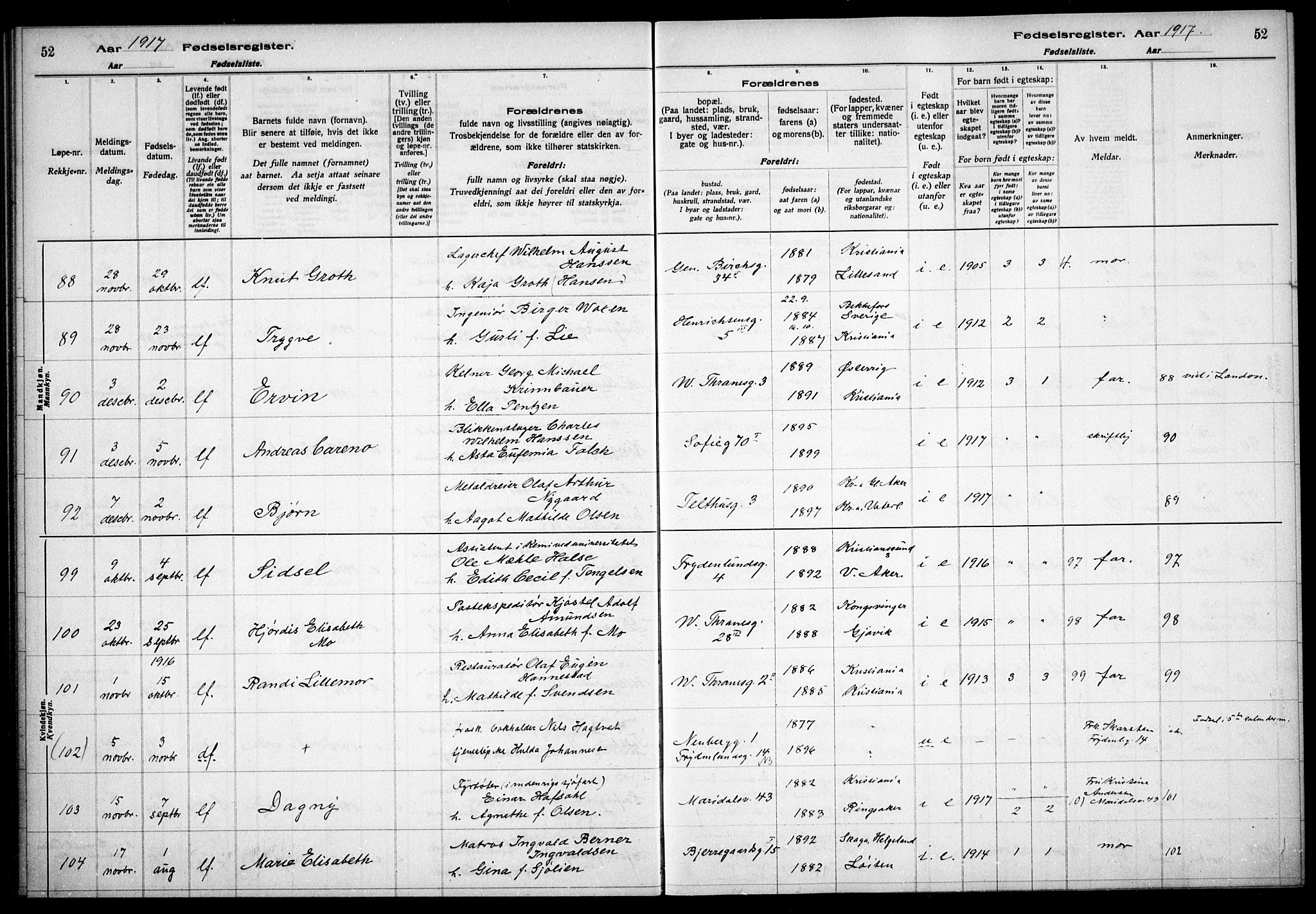 Gamle Aker prestekontor Kirkebøker, AV/SAO-A-10617a/J/L0001: Birth register no. 1, 1916-1927, p. 52