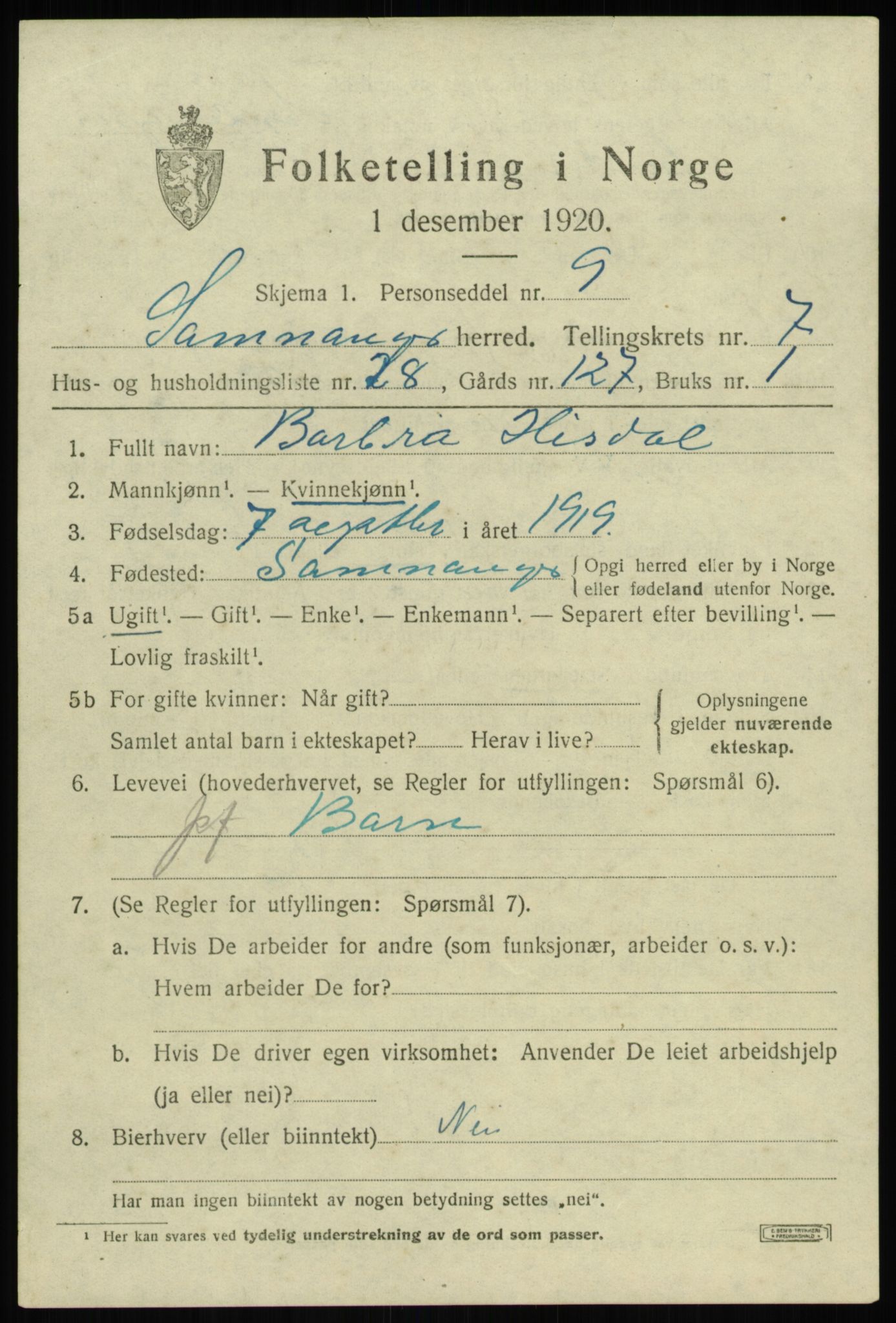 SAB, 1920 census for Samnanger, 1920, p. 3519