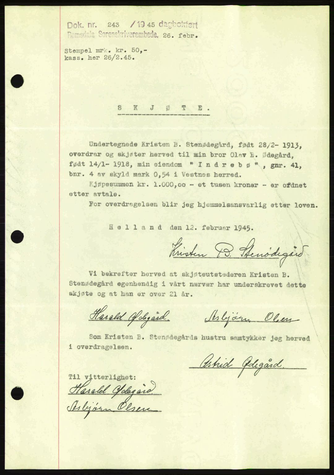 Romsdal sorenskriveri, AV/SAT-A-4149/1/2/2C: Mortgage book no. A17, 1944-1945, Diary no: : 243/1945