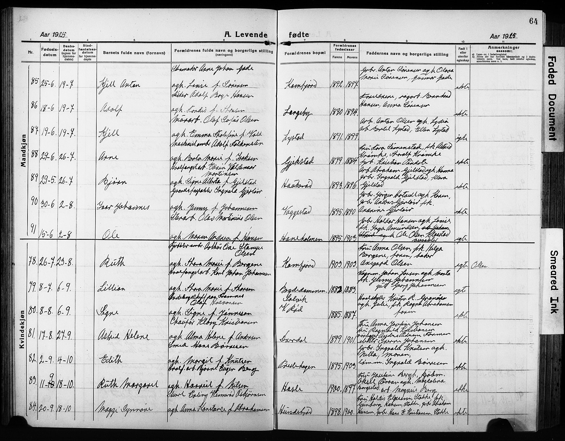 Sandar kirkebøker, AV/SAKO-A-243/G/Ga/L0004: Parish register (copy) no. 4, 1922-1932, p. 64