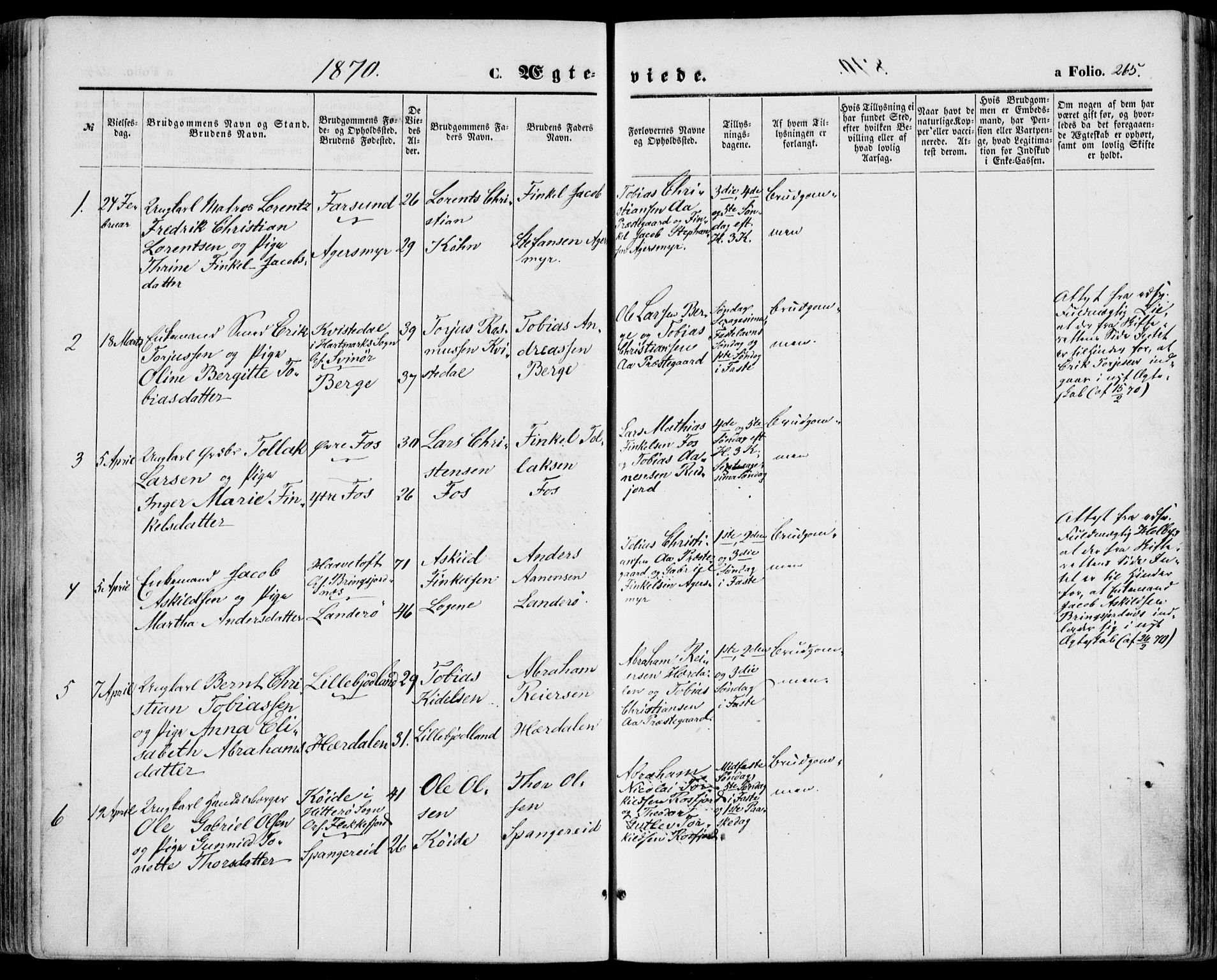 Lyngdal sokneprestkontor, SAK/1111-0029/F/Fa/Fac/L0010: Parish register (official) no. A 10, 1865-1878, p. 265