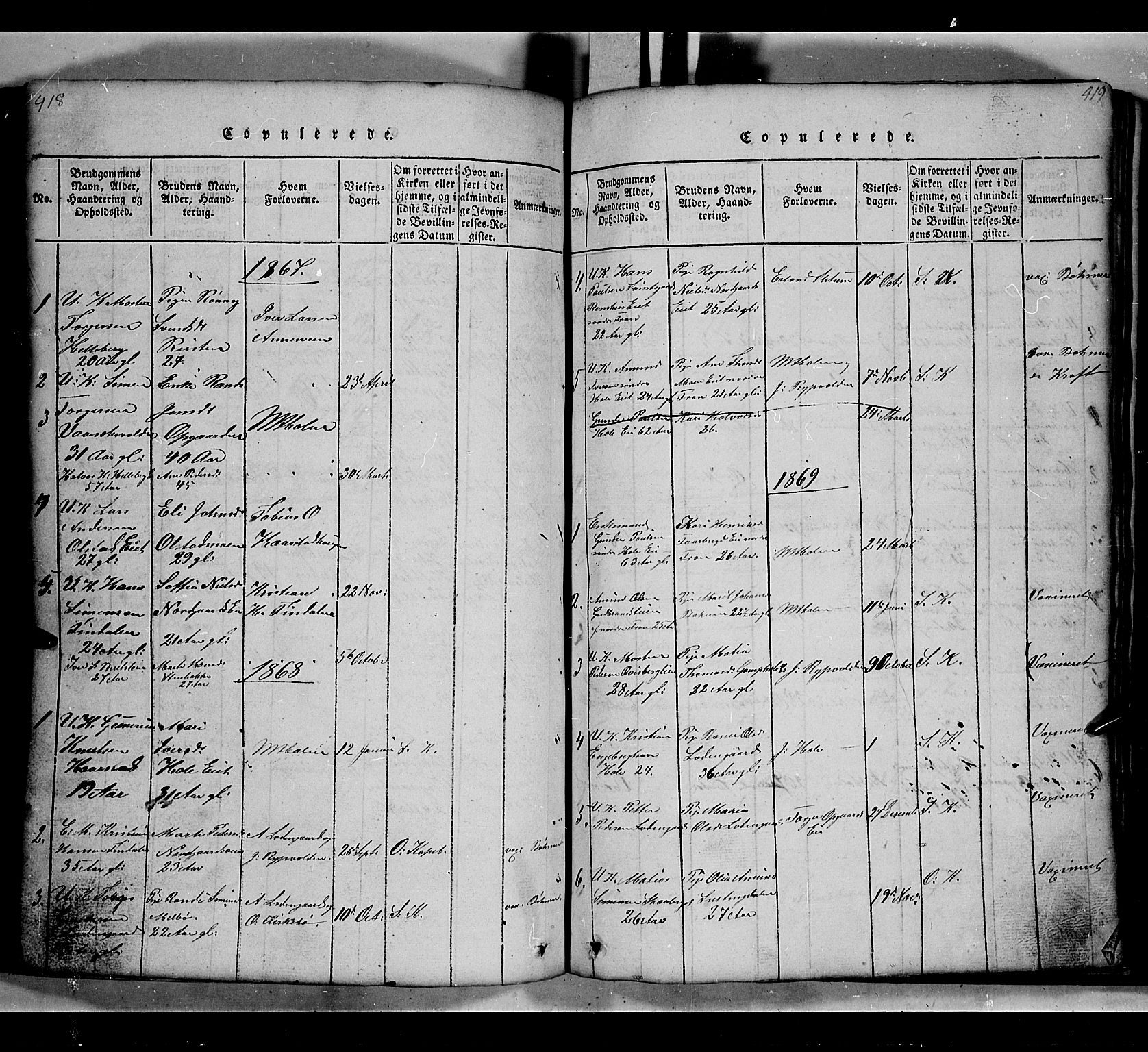 Gausdal prestekontor, SAH/PREST-090/H/Ha/Hab/L0002: Parish register (copy) no. 2, 1818-1874, p. 418-419
