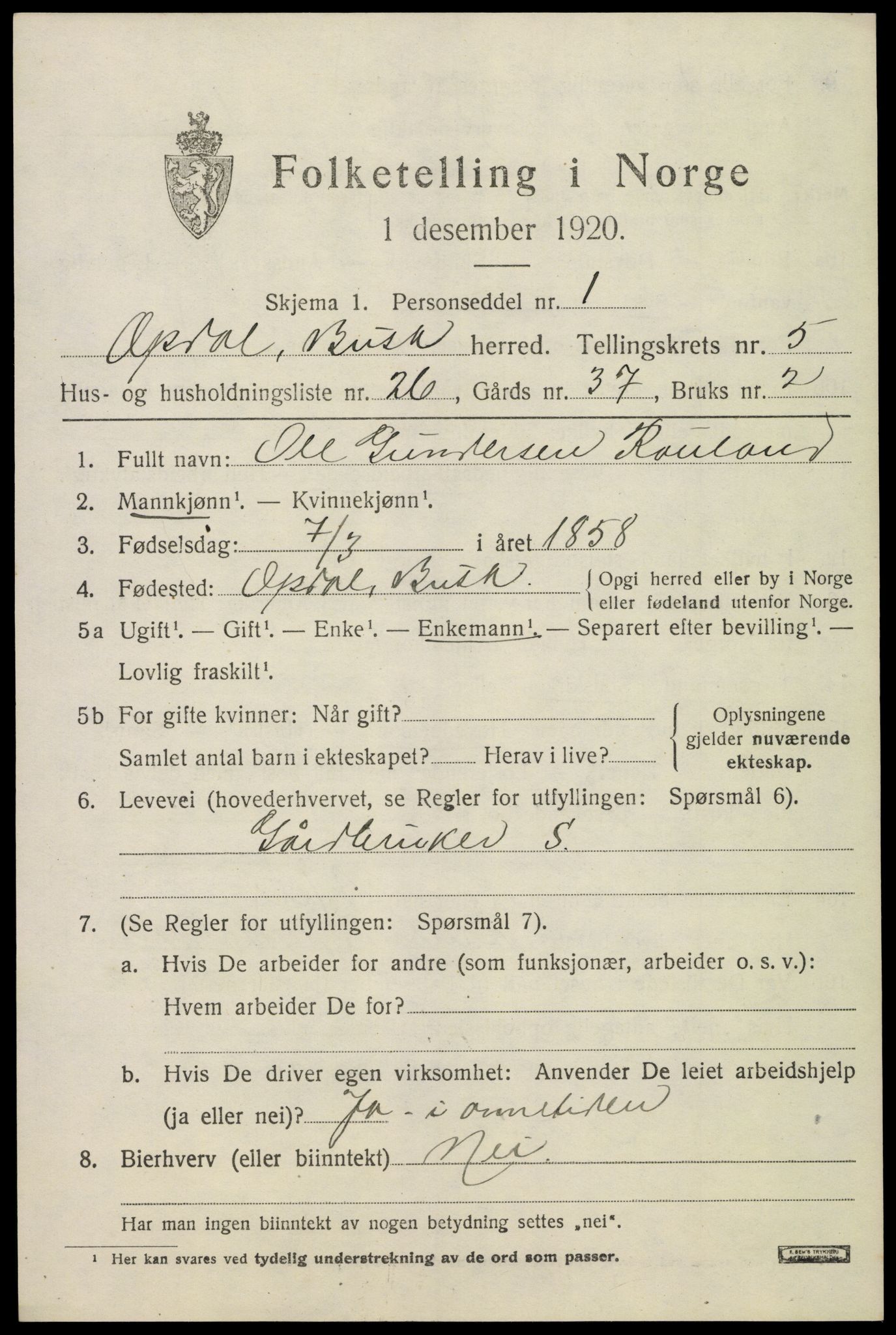 SAKO, 1920 census for Uvdal, 1920, p. 2549