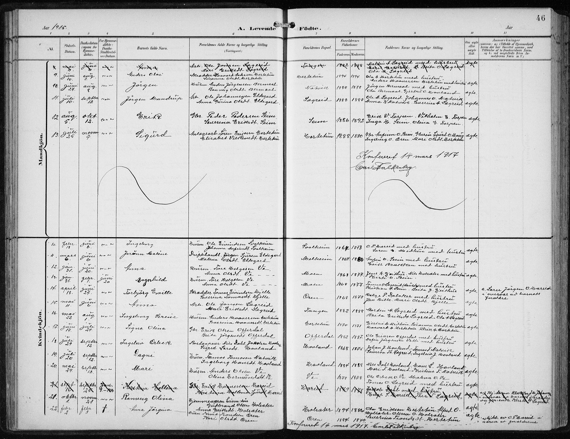 Årdal sokneprestembete, AV/SAB-A-81701: Parish register (copy) no. A 2, 1899-1939, p. 46