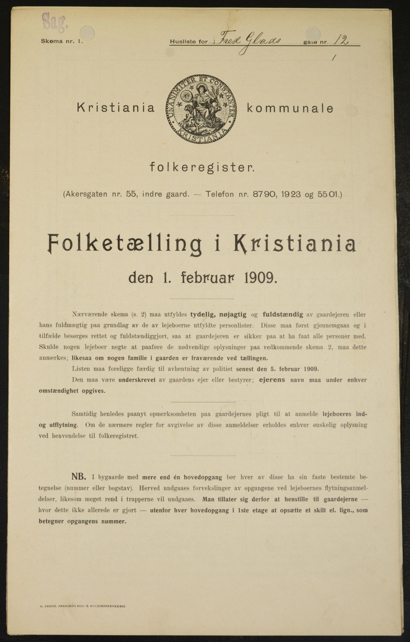 OBA, Municipal Census 1909 for Kristiania, 1909, p. 24055