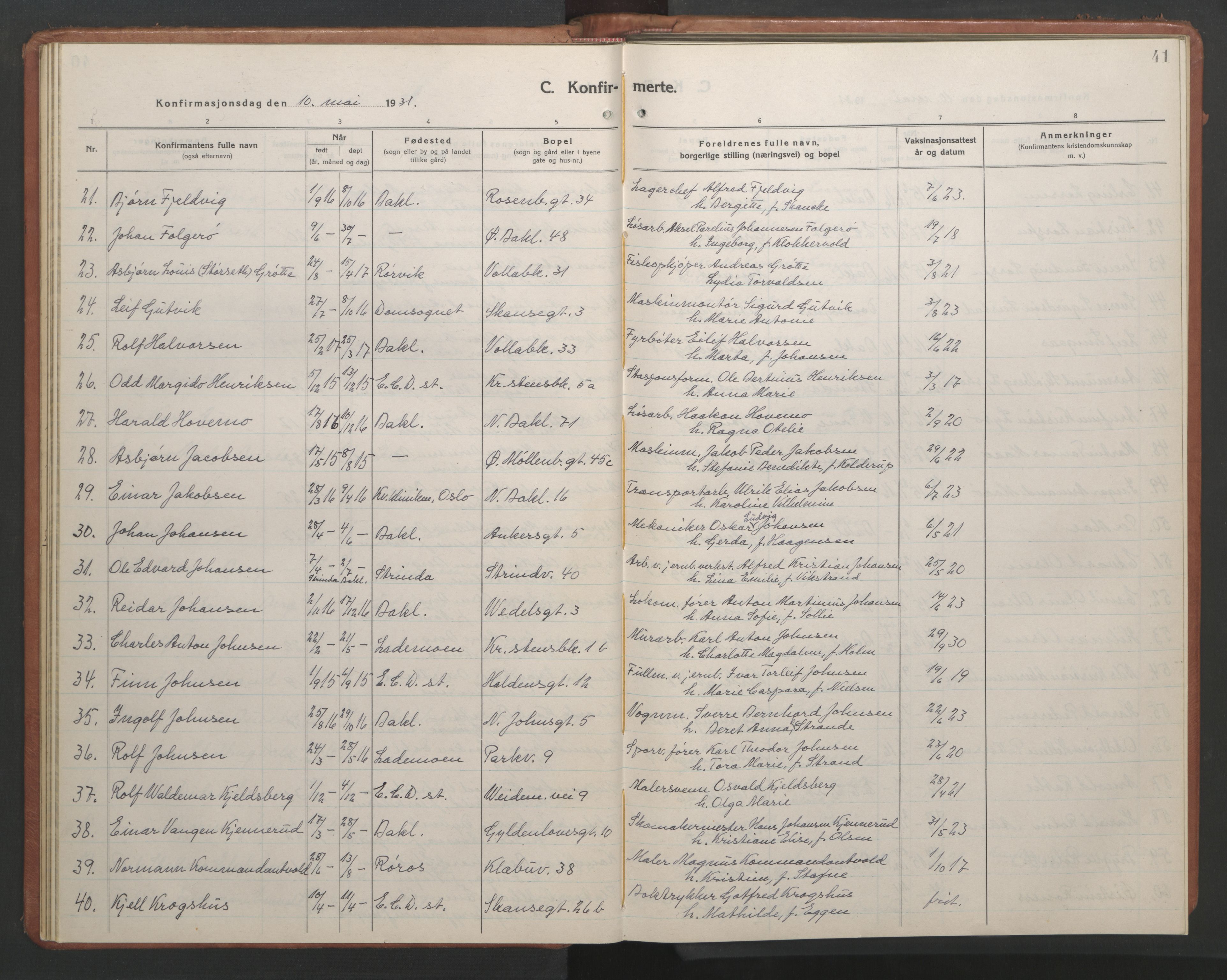 Ministerialprotokoller, klokkerbøker og fødselsregistre - Sør-Trøndelag, SAT/A-1456/604/L0228: Parish register (copy) no. 604C11, 1928-1950, p. 41