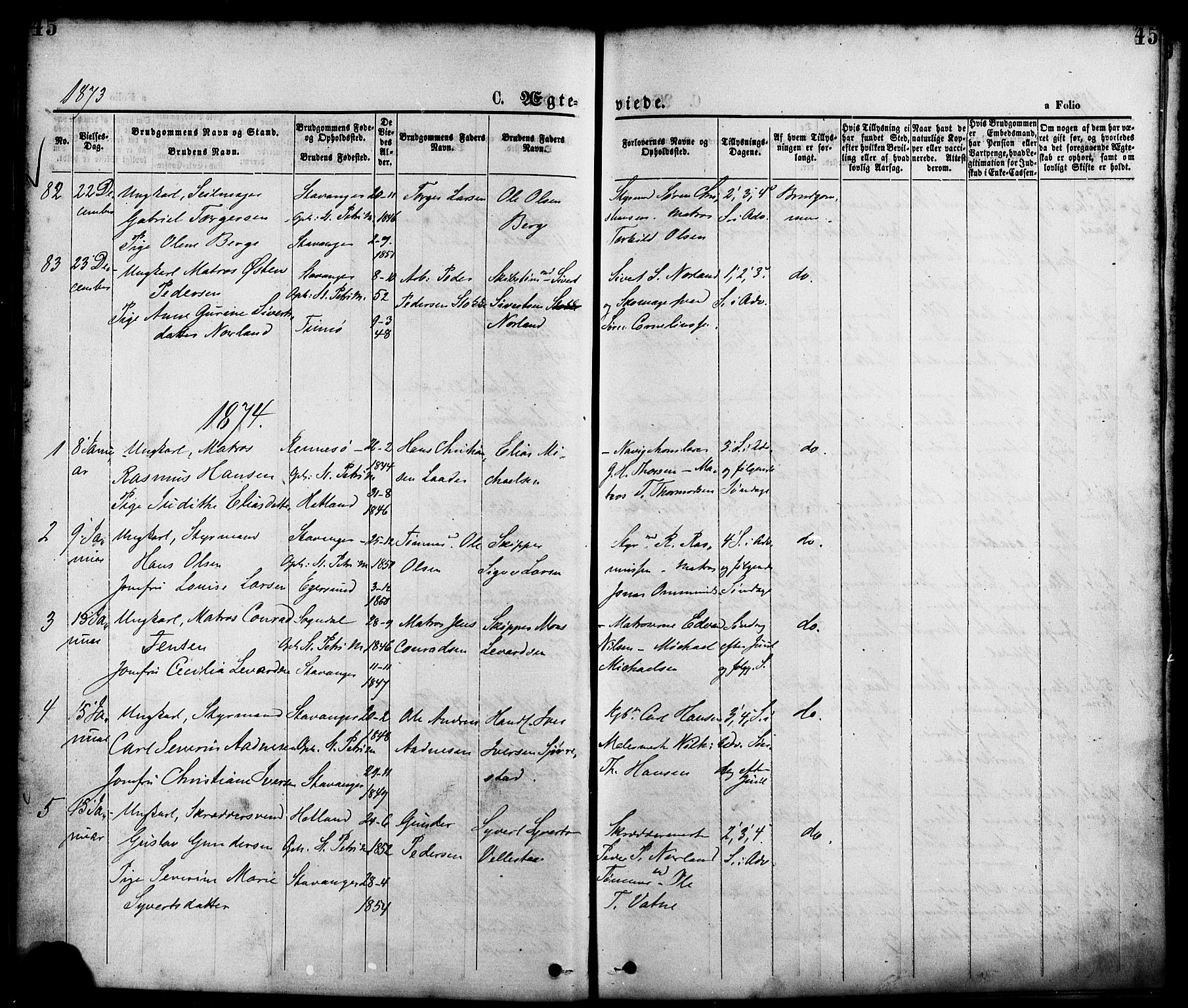 St. Petri sokneprestkontor, AV/SAST-A-101813/001/30/30BA/L0010: Parish register (official) no. A 10, 1869-1878, p. 45
