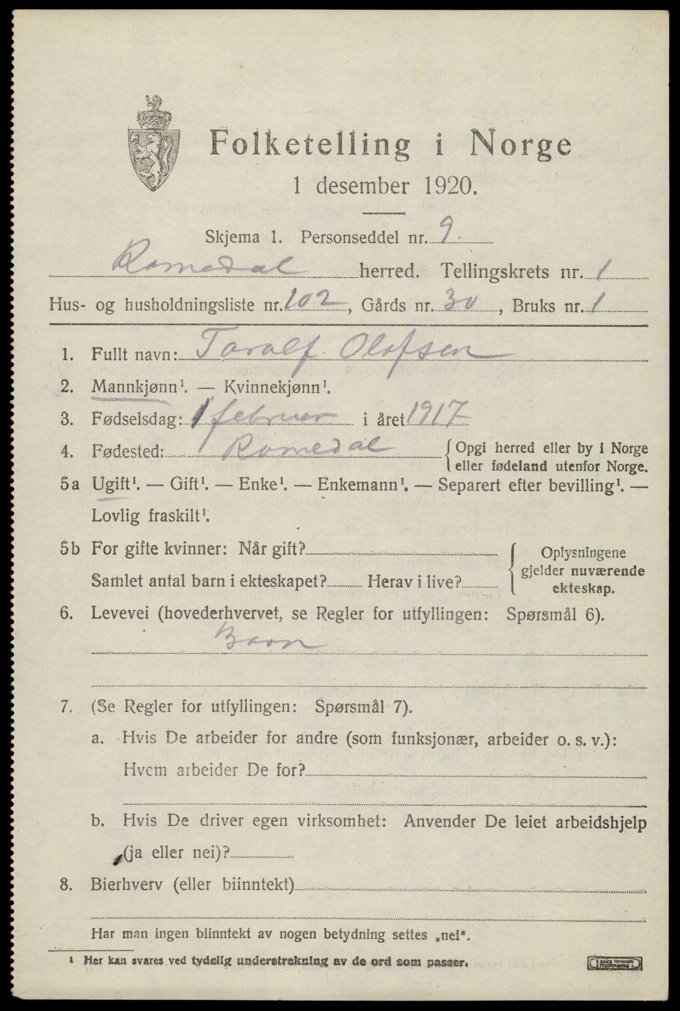 SAH, 1920 census for Romedal, 1920, p. 3141