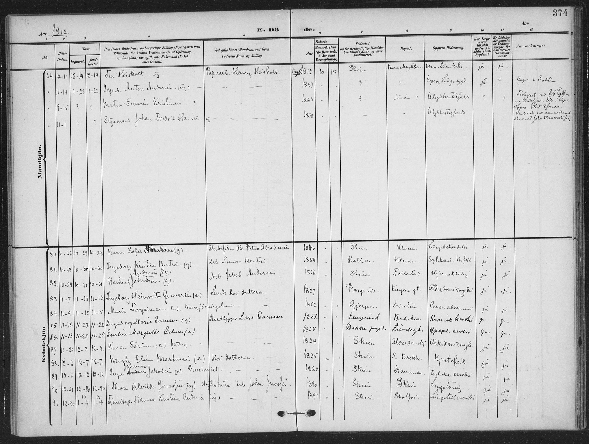 Skien kirkebøker, SAKO/A-302/F/Fa/L0012: Parish register (official) no. 12, 1908-1914, p. 374