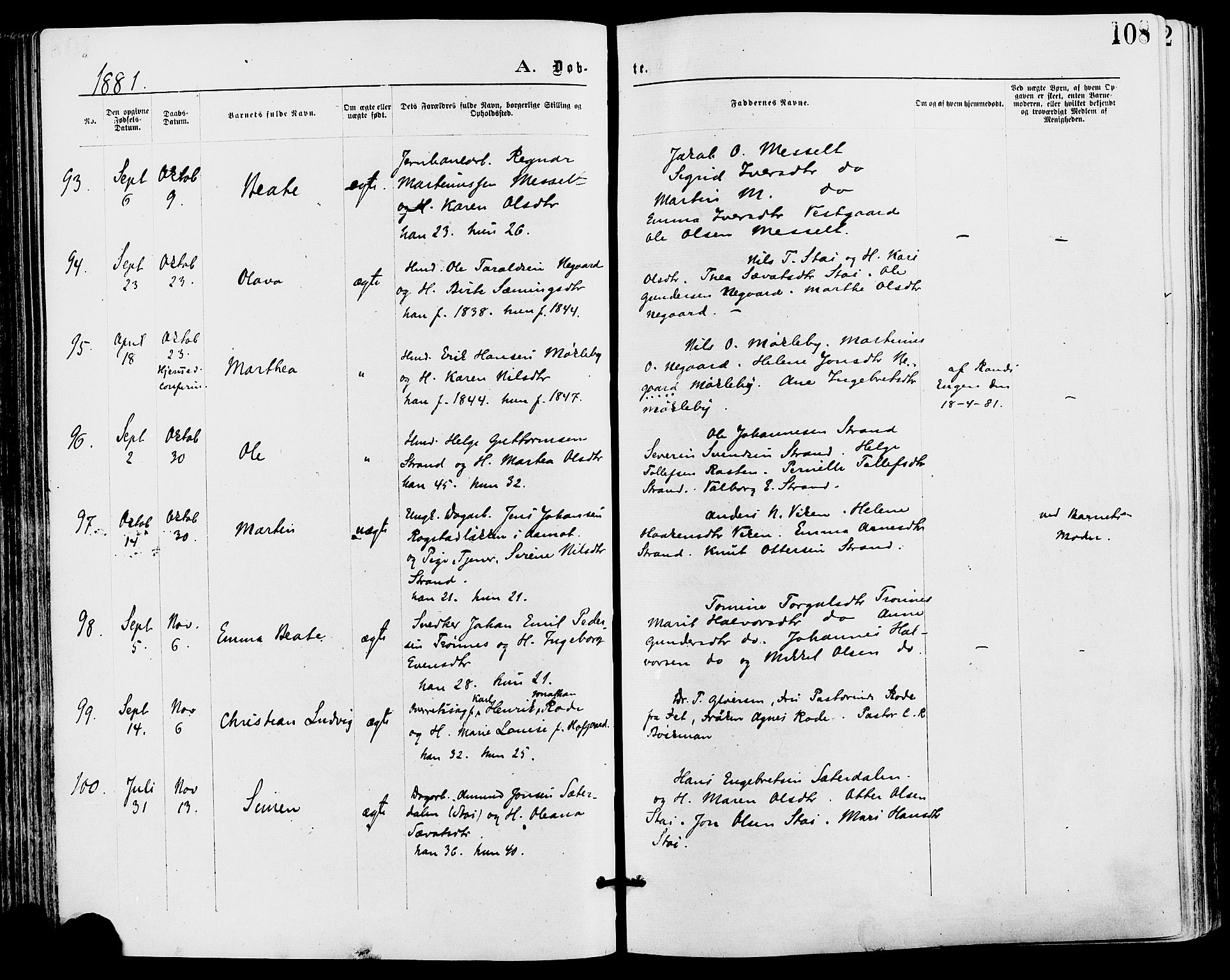 Stor-Elvdal prestekontor, AV/SAH-PREST-052/H/Ha/Haa/L0001: Parish register (official) no. 1, 1871-1882, p. 108