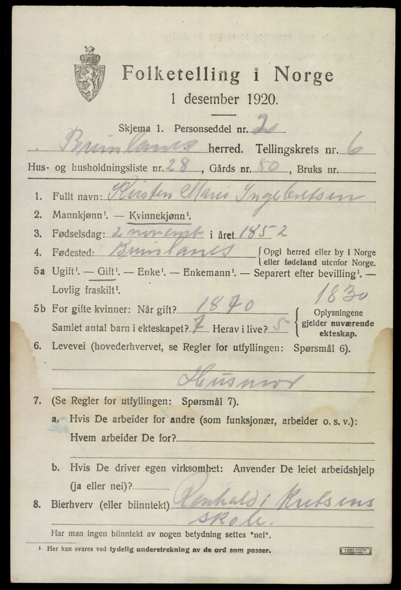 SAKO, 1920 census for Brunlanes, 1920, p. 7049