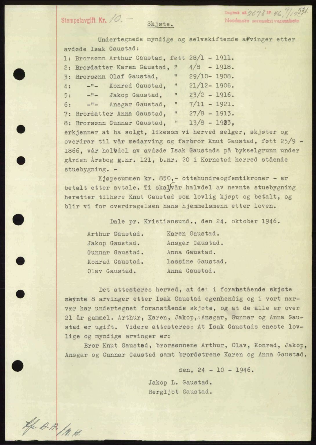 Nordmøre sorenskriveri, AV/SAT-A-4132/1/2/2Ca: Mortgage book no. A103, 1946-1947, Diary no: : 2598/1946