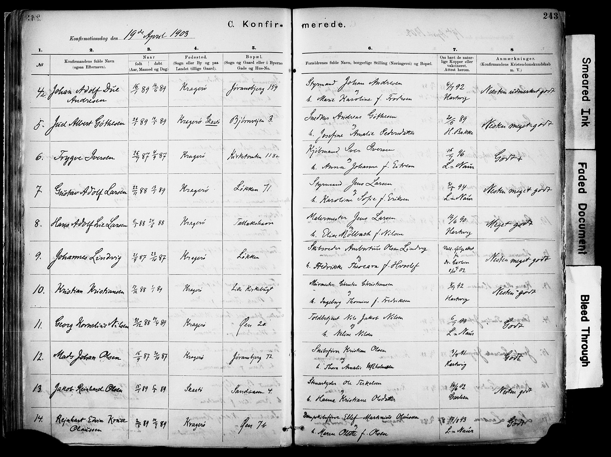 Kragerø kirkebøker, SAKO/A-278/F/Fa/L0012: Parish register (official) no. 12, 1880-1904, p. 243