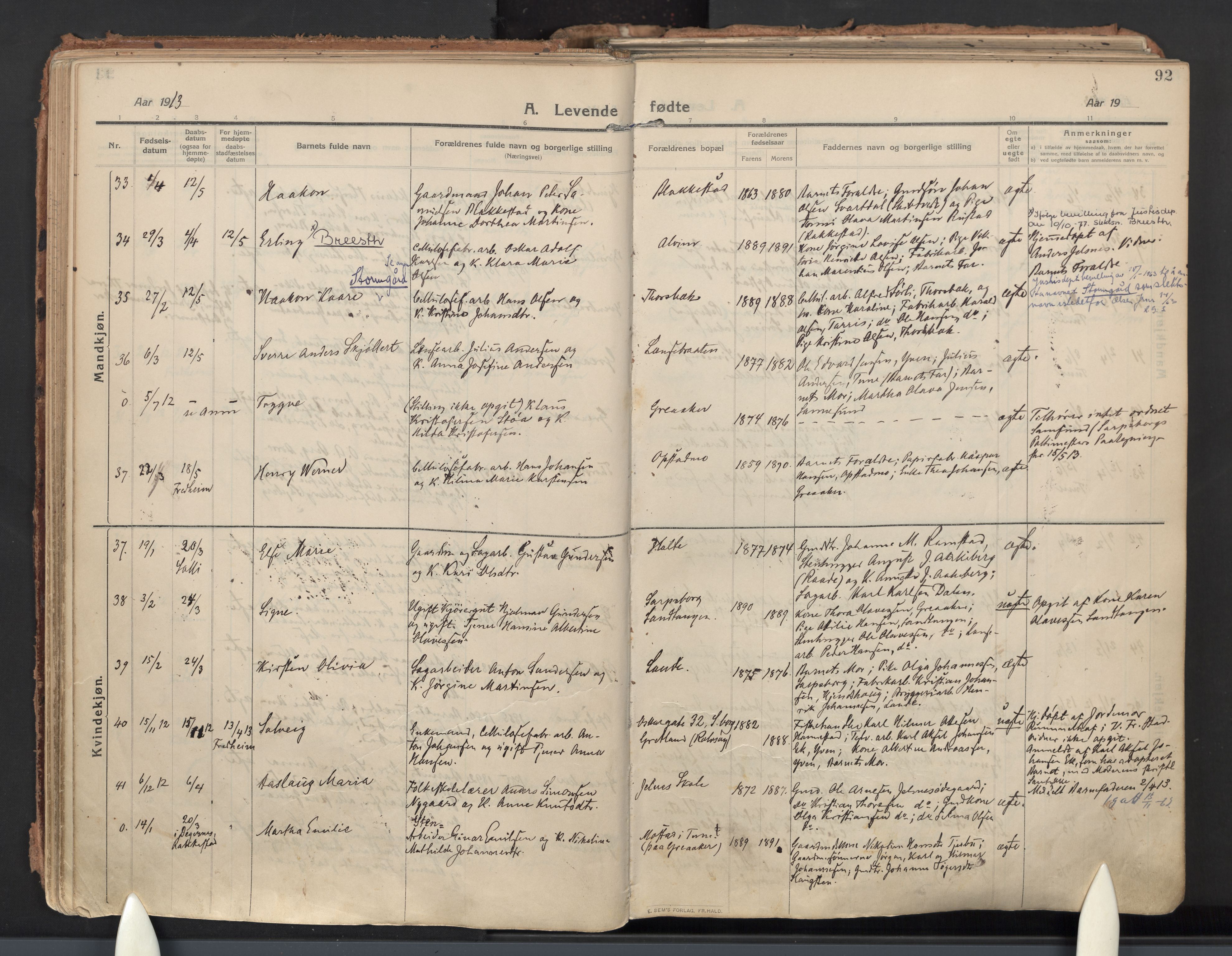 Tune prestekontor Kirkebøker, AV/SAO-A-2007/F/Fa/L0021: Parish register (official) no. 21, 1910-1916, p. 92