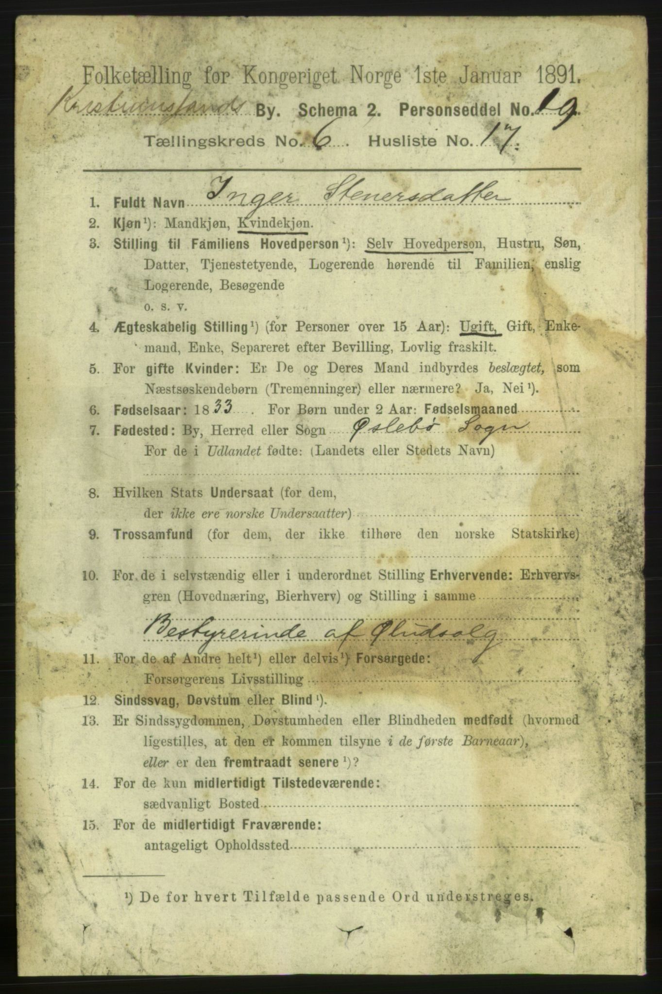 RA, 1891 census for 1001 Kristiansand, 1891, p. 4663