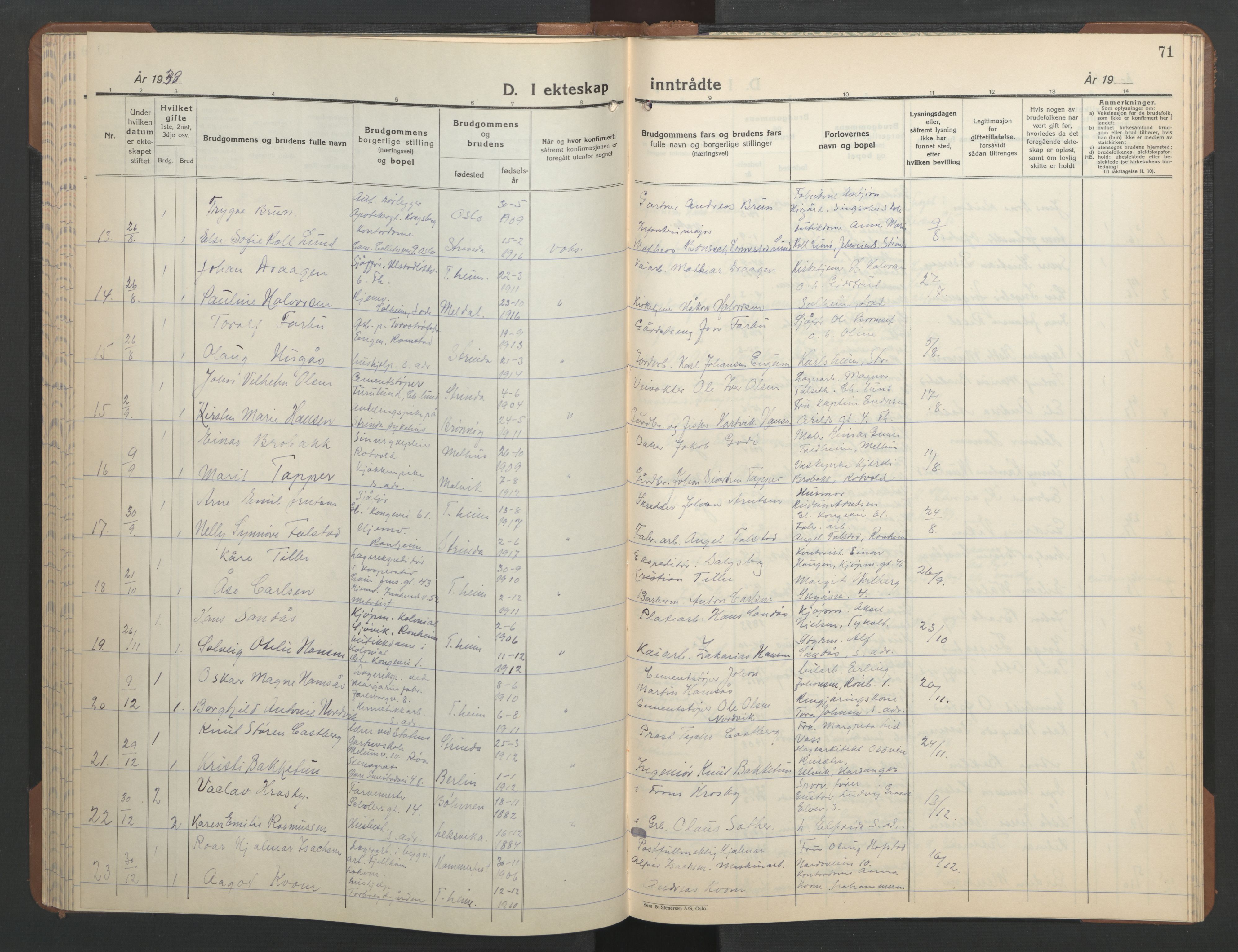 Ministerialprotokoller, klokkerbøker og fødselsregistre - Sør-Trøndelag, SAT/A-1456/606/L0315: Parish register (copy) no. 606C11, 1938-1947, p. 71