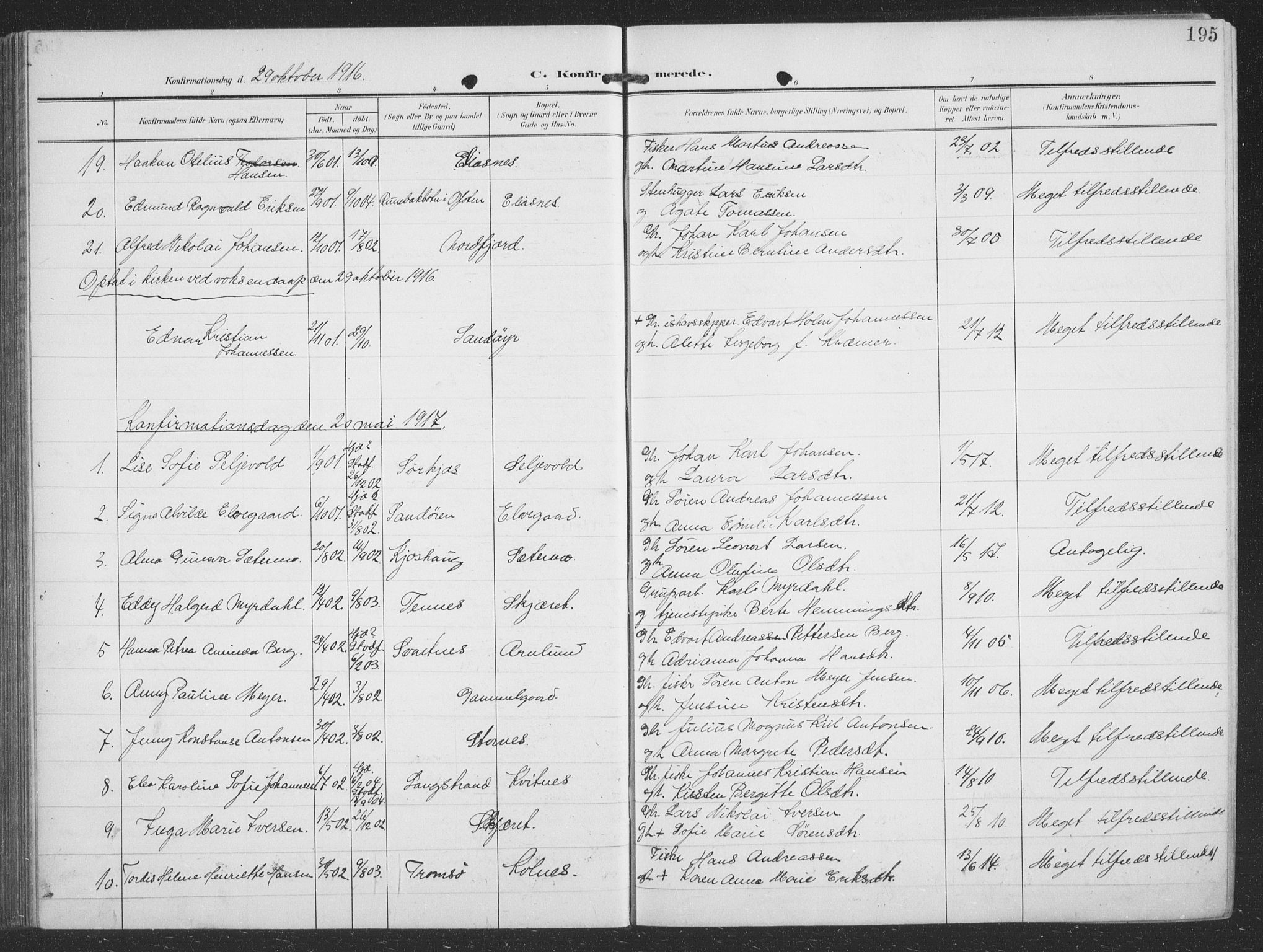 Balsfjord sokneprestembete, SATØ/S-1303/G/Ga/L0009klokker: Parish register (copy) no. 9, 1906-1920, p. 195