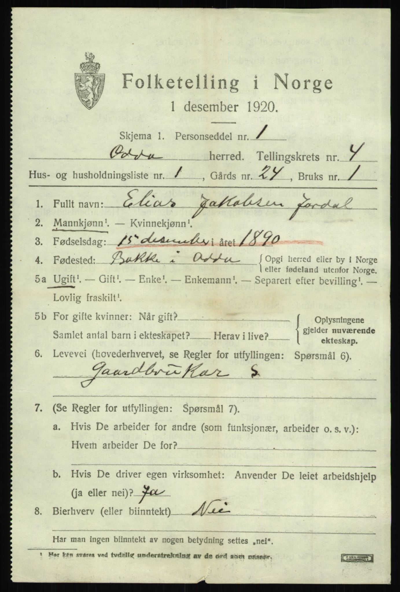 SAB, 1920 census for Odda, 1920, p. 2573