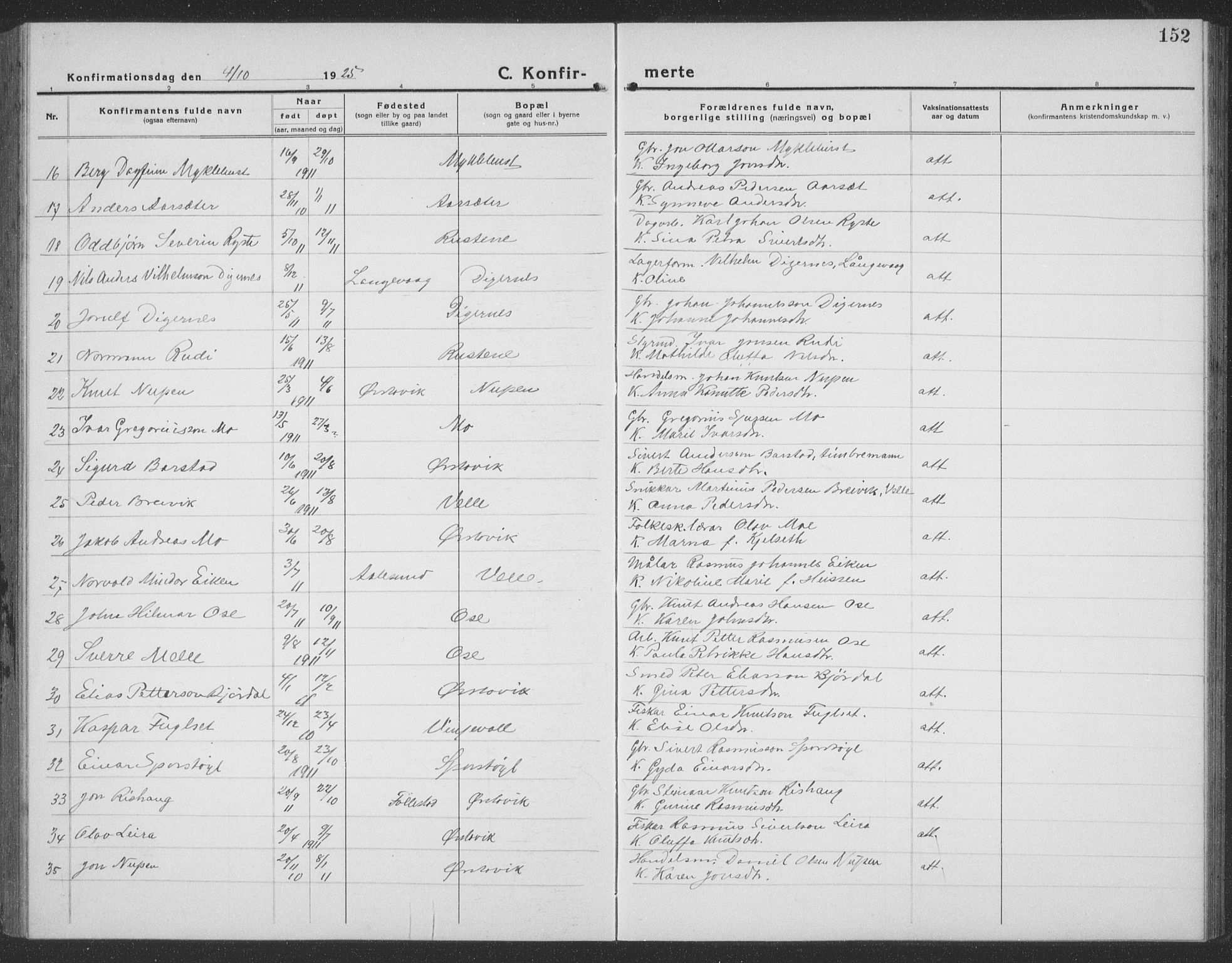 Ministerialprotokoller, klokkerbøker og fødselsregistre - Møre og Romsdal, SAT/A-1454/513/L0191: Parish register (copy) no. 513C05, 1920-1941, p. 152