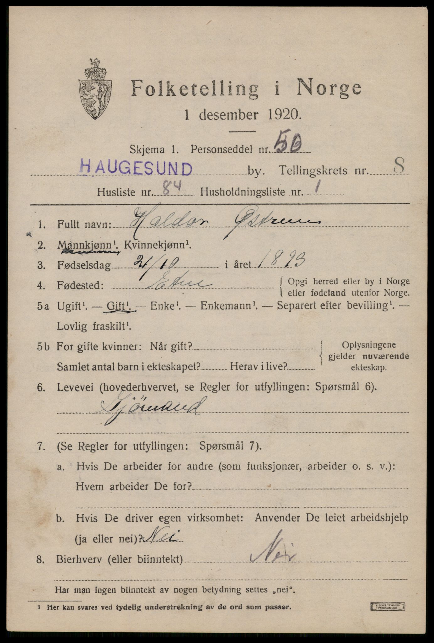 SAST, 1920 census for Haugesund, 1920, p. 29035