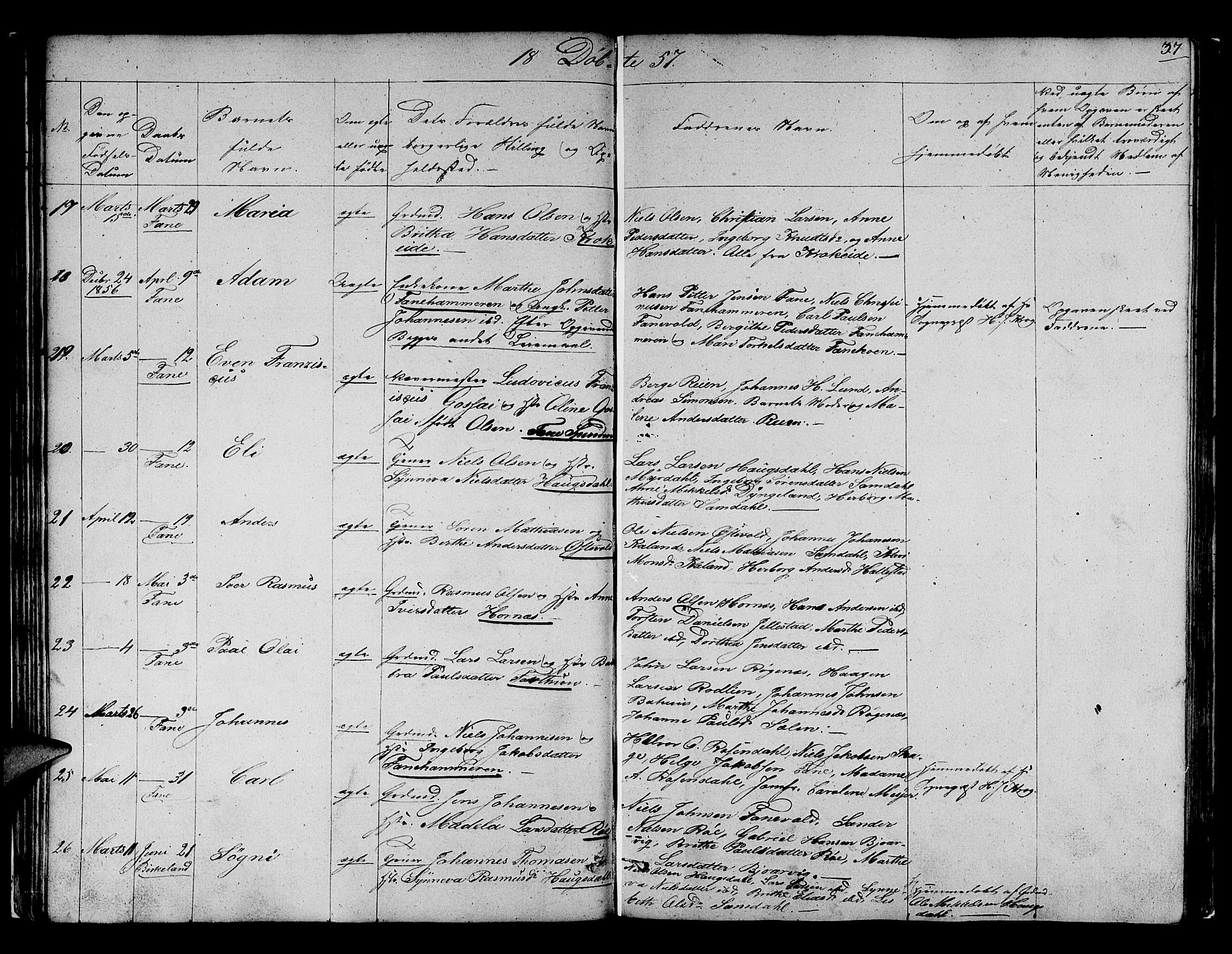 Fana Sokneprestembete, AV/SAB-A-75101/H/Hab/Habb/L0002: Parish register (copy) no. B 2, 1851-1860, p. 37