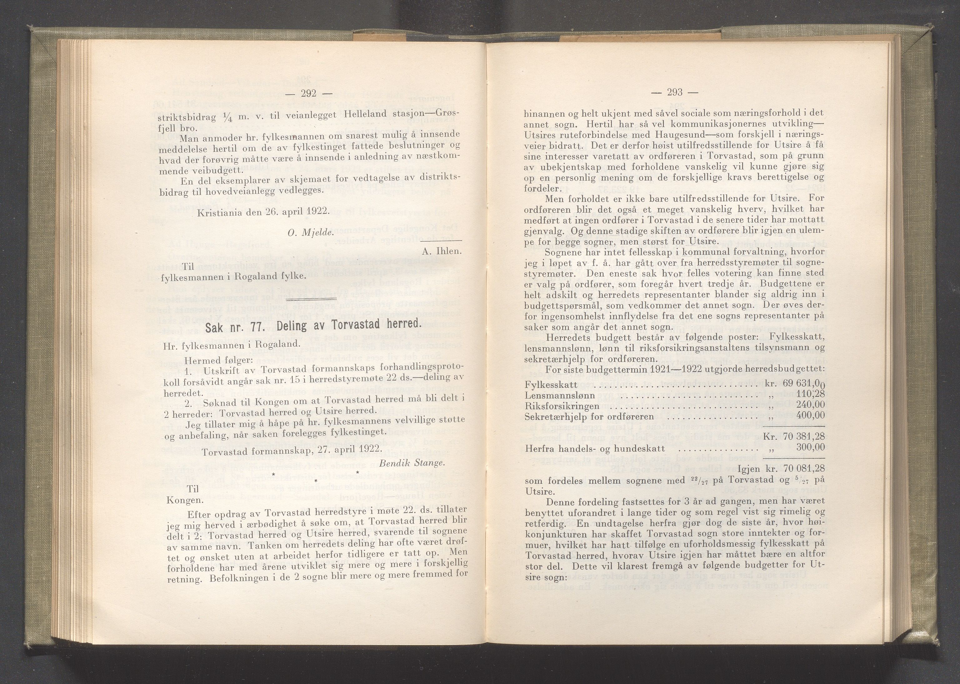 Rogaland fylkeskommune - Fylkesrådmannen , IKAR/A-900/A/Aa/Aaa/L0041: Møtebok , 1922, p. 292-293