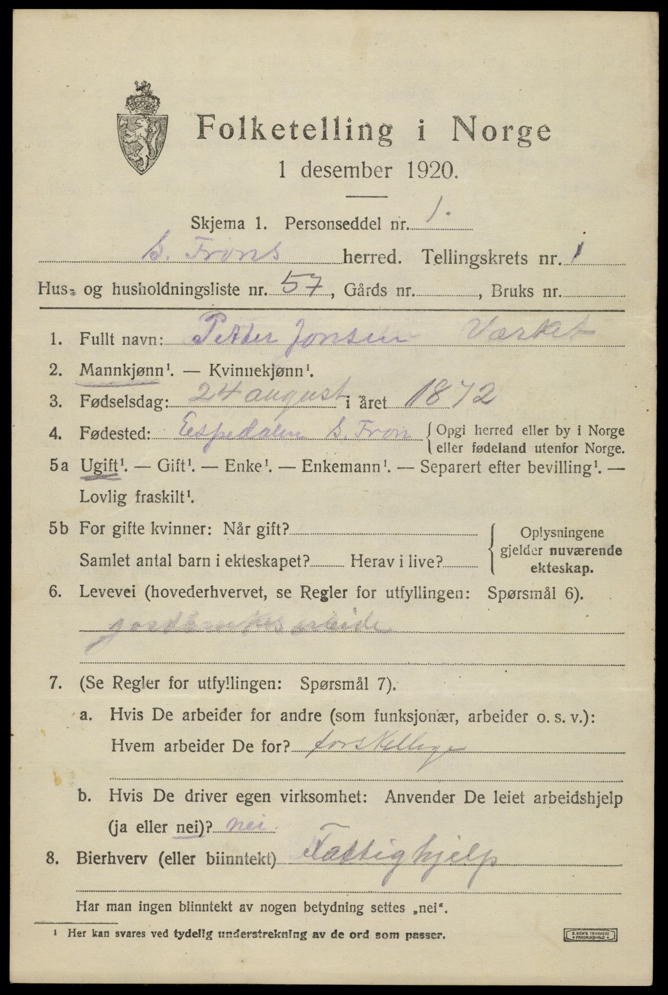 SAH, 1920 census for Sør-Fron, 1920, p. 1905