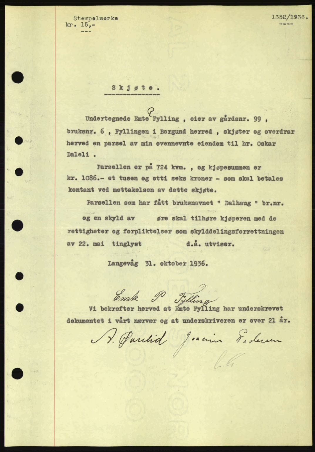 Nordre Sunnmøre sorenskriveri, AV/SAT-A-0006/1/2/2C/2Ca: Mortgage book no. A2, 1936-1937, Diary no: : 1352/1936