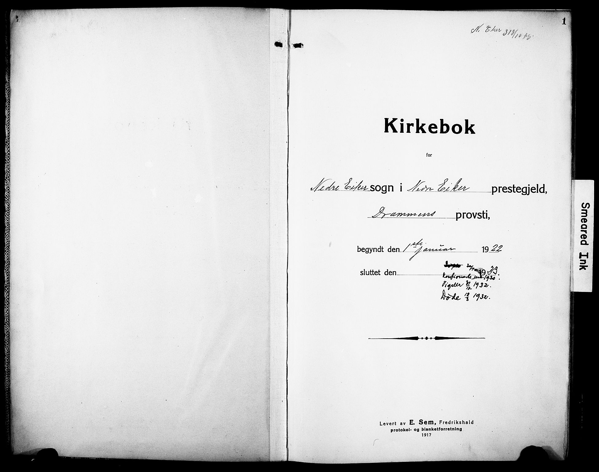 Nedre Eiker kirkebøker, AV/SAKO-A-612/G/Ga/L0006: Parish register (copy) no. 6, 1922-1933, p. 1