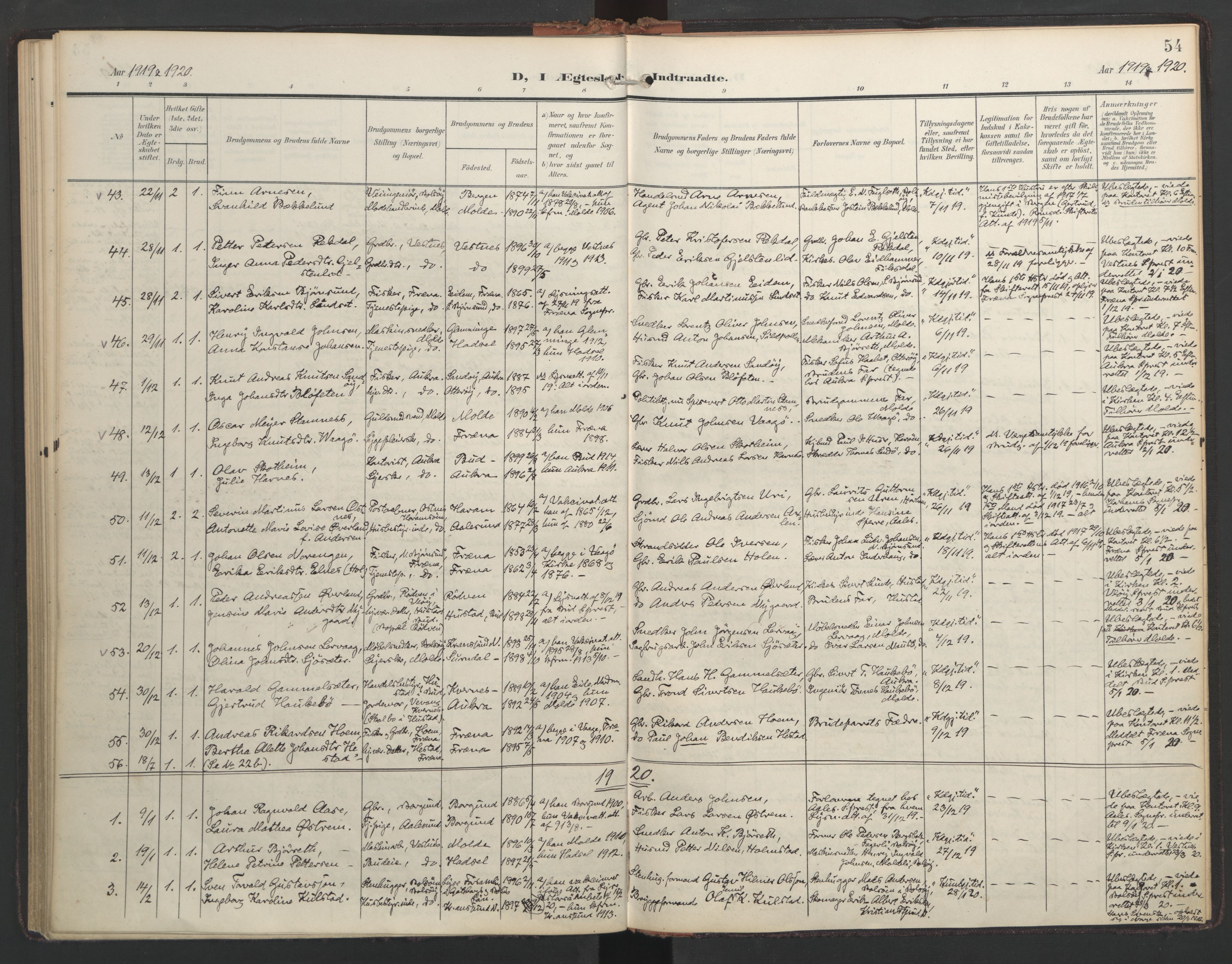 Ministerialprotokoller, klokkerbøker og fødselsregistre - Møre og Romsdal, SAT/A-1454/558/L0694: Parish register (official) no. 558A08, 1907-1922, p. 54