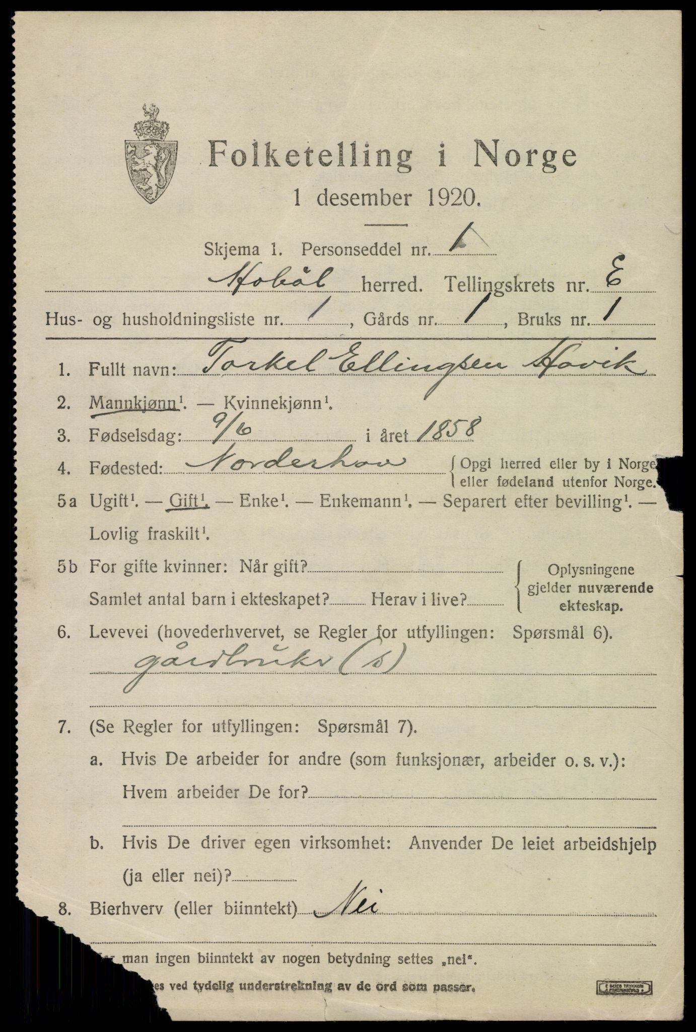 SAO, 1920 census for Hobøl, 1920, p. 3912