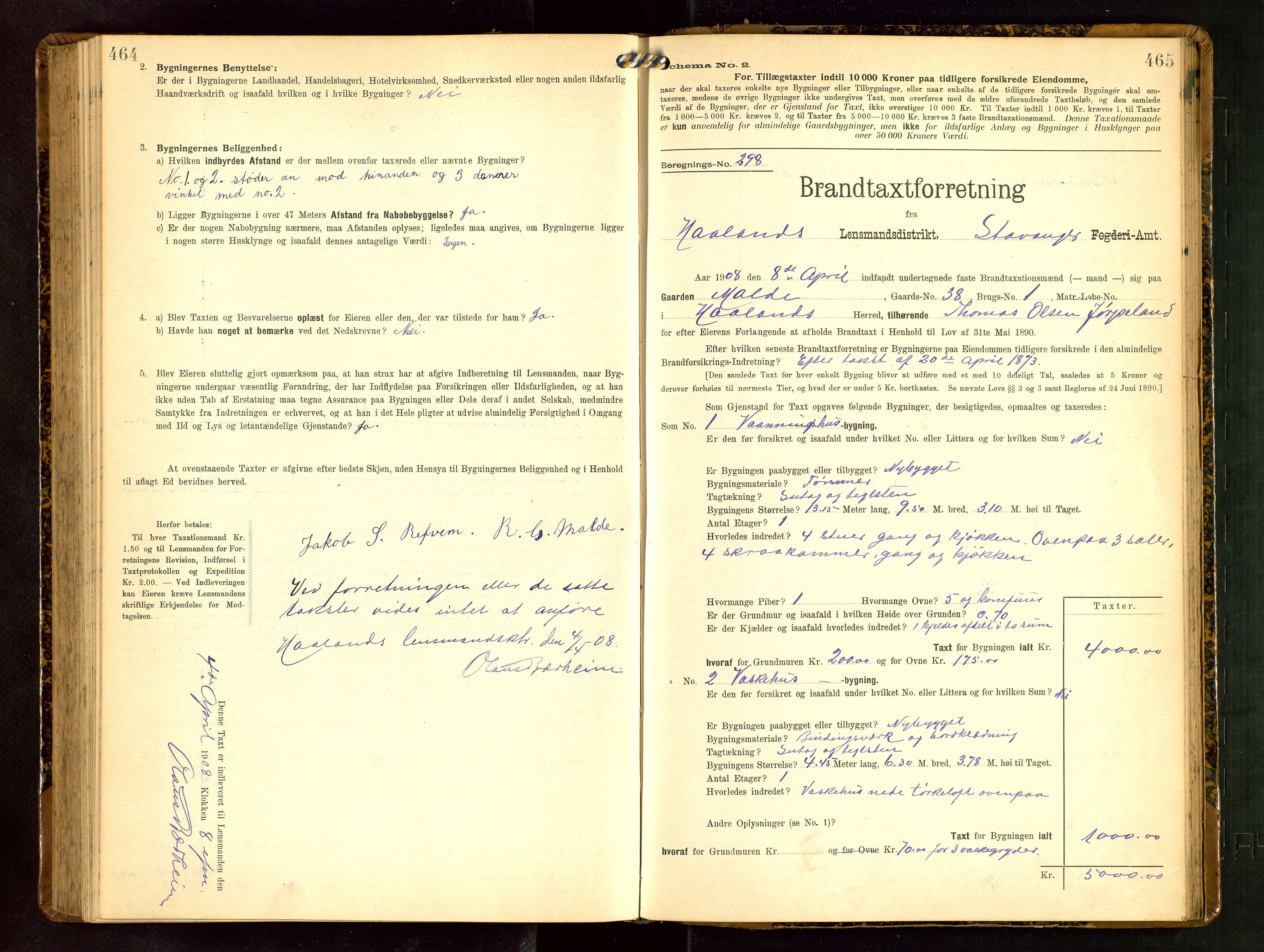 Håland lensmannskontor, AV/SAST-A-100100/Gob/L0003: Branntakstprotokoll - skjematakst. Register i boken., 1909-1910, p. 464-465