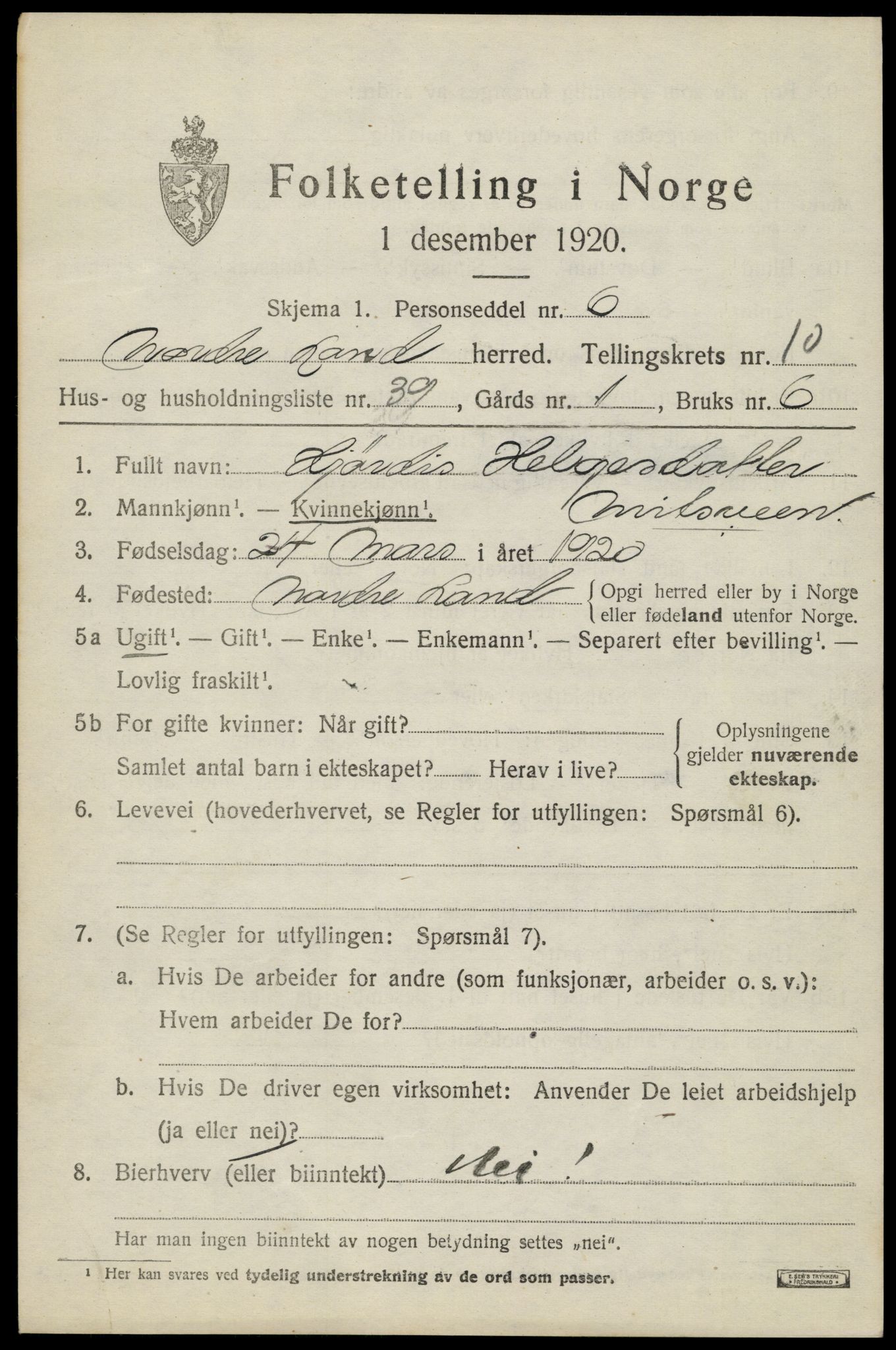 SAH, 1920 census for Nordre Land, 1920, p. 5656