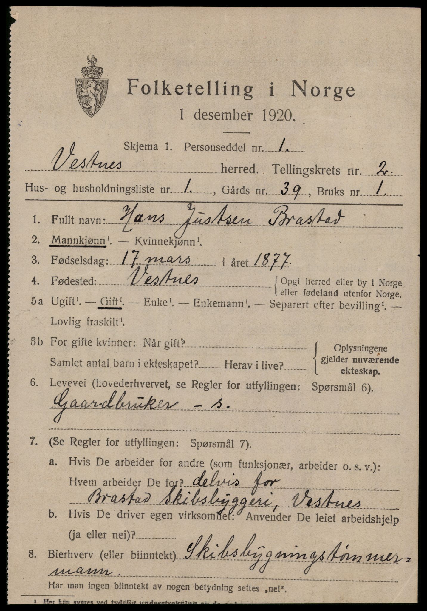 SAT, 1920 census for Vestnes, 1920, p. 1937