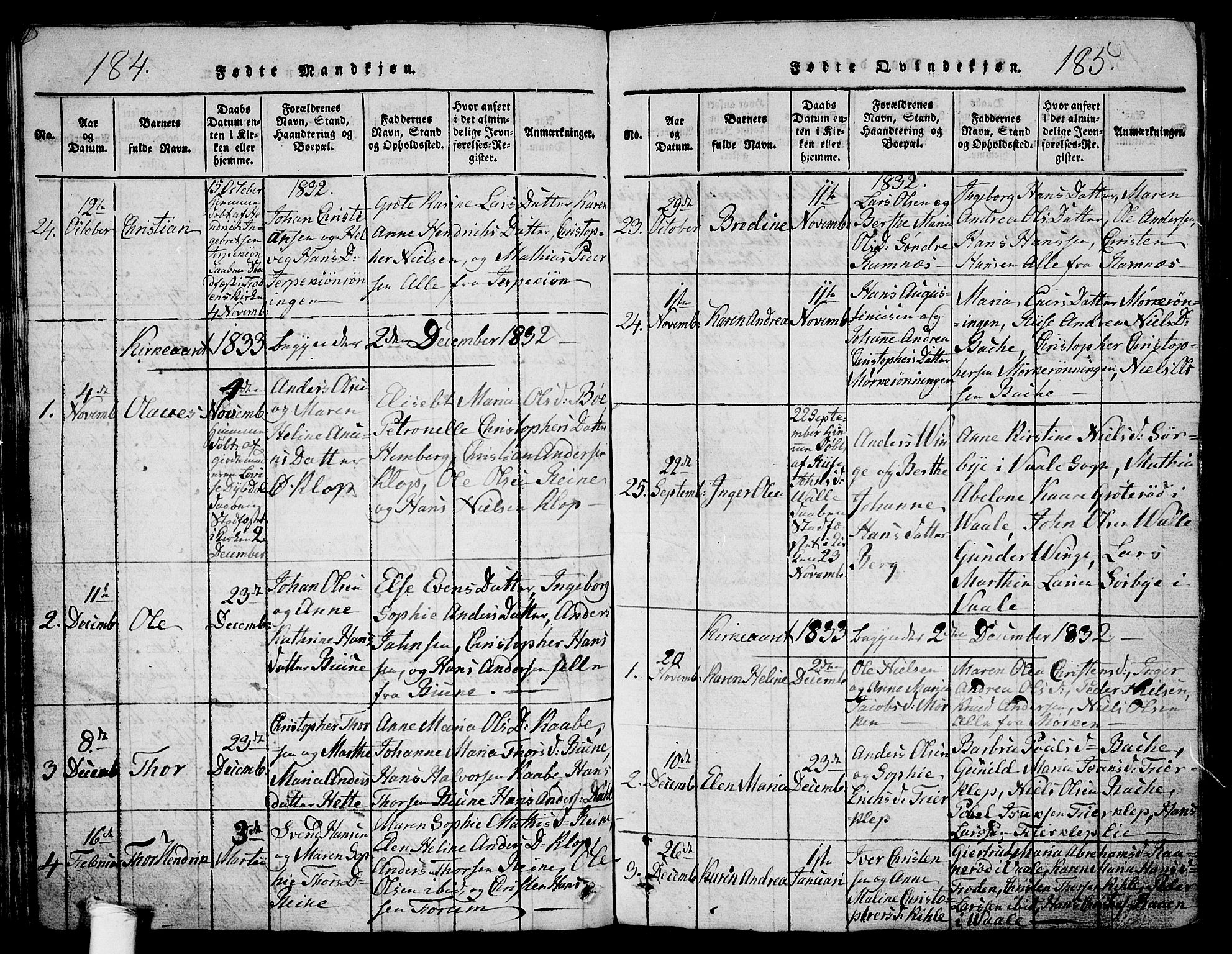 Ramnes kirkebøker, SAKO/A-314/G/Ga/L0001: Parish register (copy) no. I 1, 1813-1847, p. 184-185