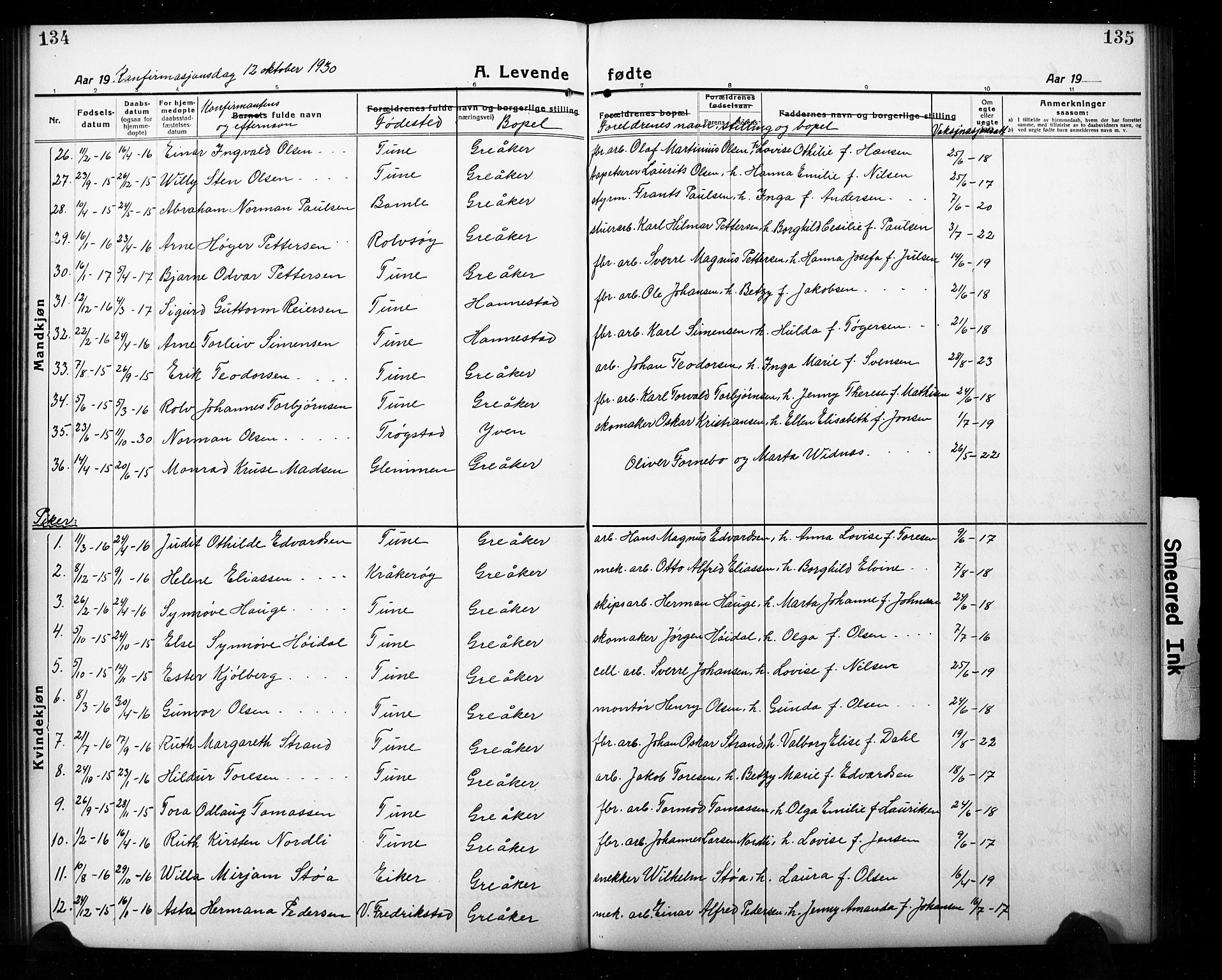 Tune prestekontor Kirkebøker, AV/SAO-A-2007/G/Gc/L0001: Parish register (copy) no. III 1, 1920-1930, p. 134-135