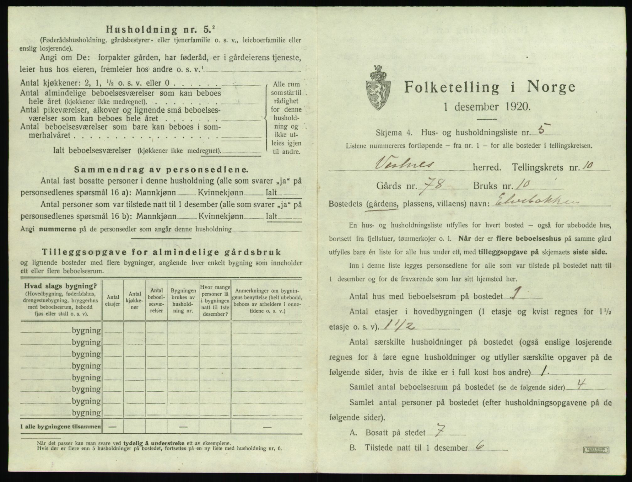 SAT, 1920 census for Vestnes, 1920, p. 1055