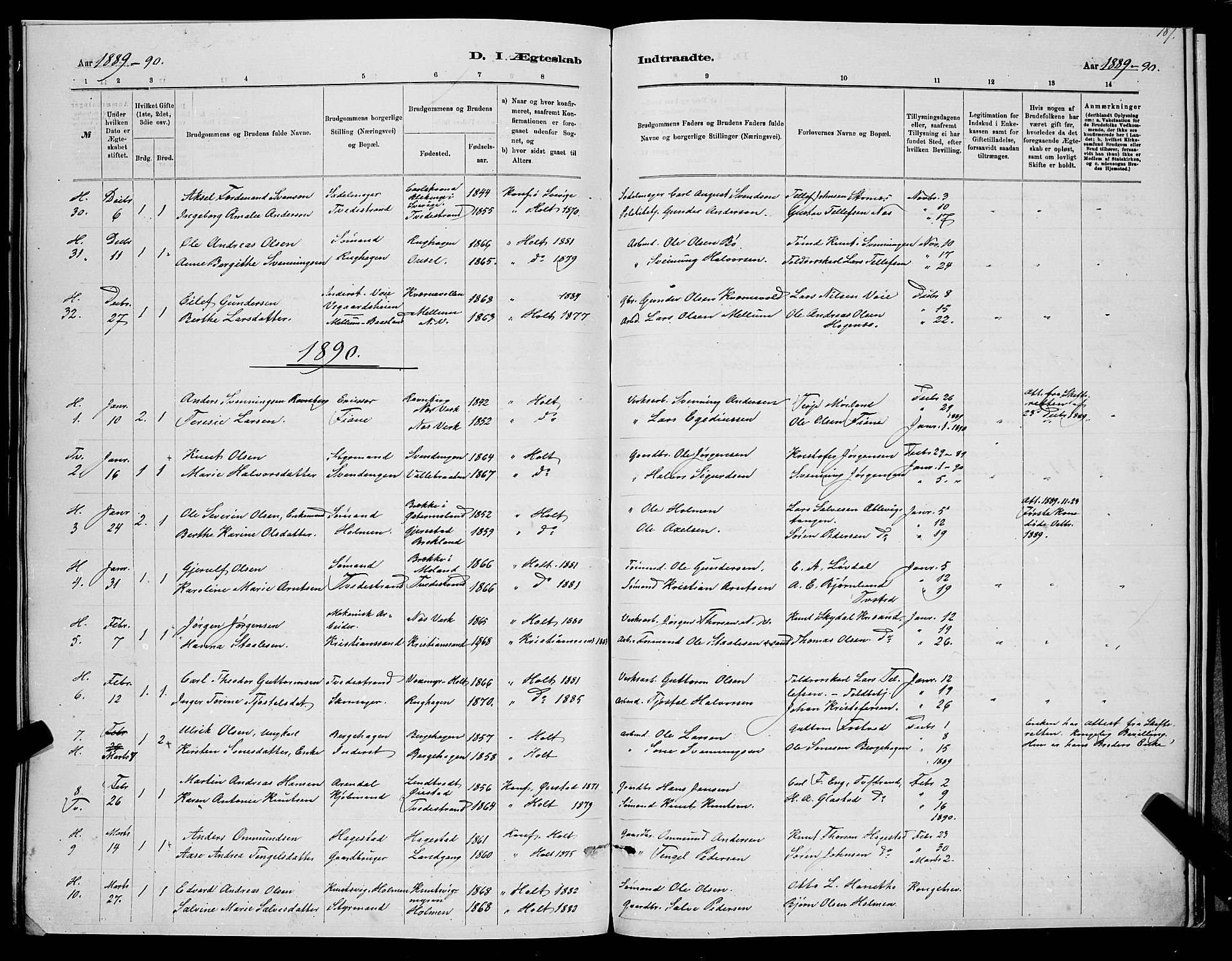 Holt sokneprestkontor, AV/SAK-1111-0021/F/Fb/L0010: Parish register (copy) no. B 10, 1883-1896, p. 188