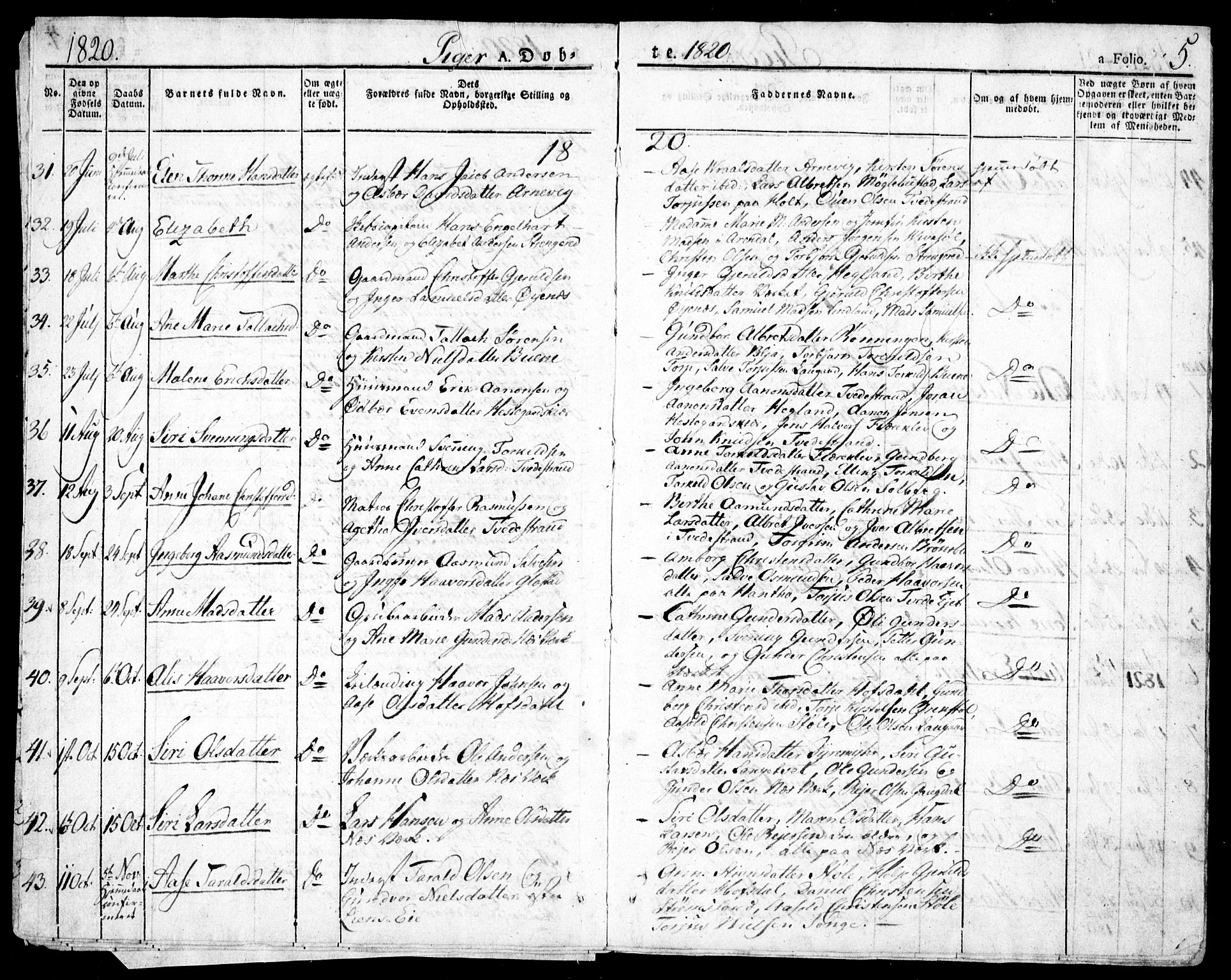 Holt sokneprestkontor, AV/SAK-1111-0021/F/Fa/L0006: Parish register (official) no. A 6, 1820-1835, p. 5