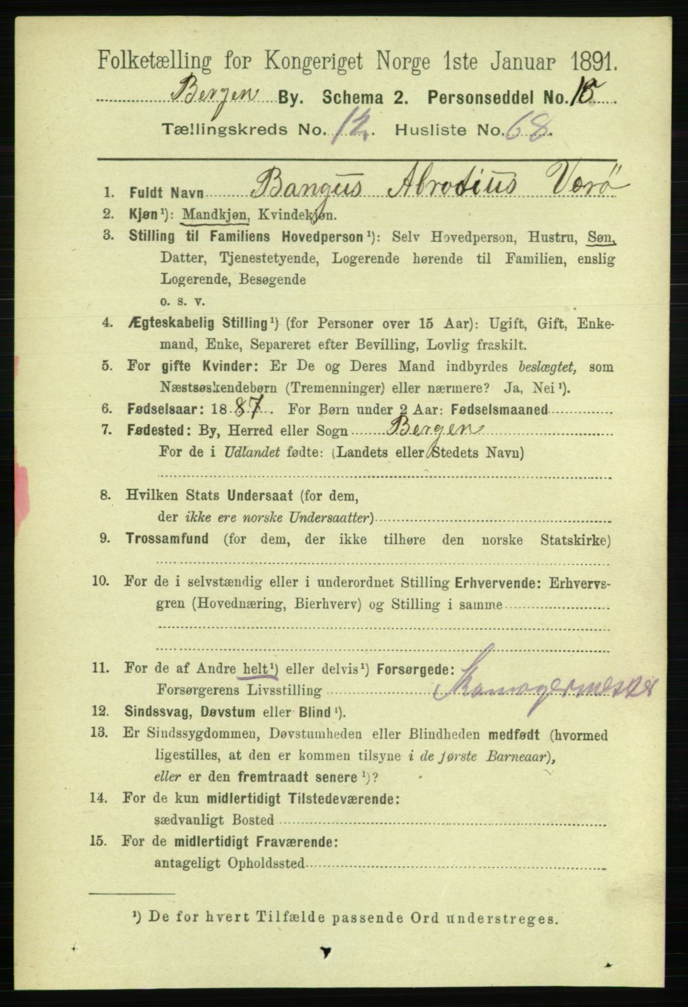 RA, 1891 Census for 1301 Bergen, 1891, p. 22016