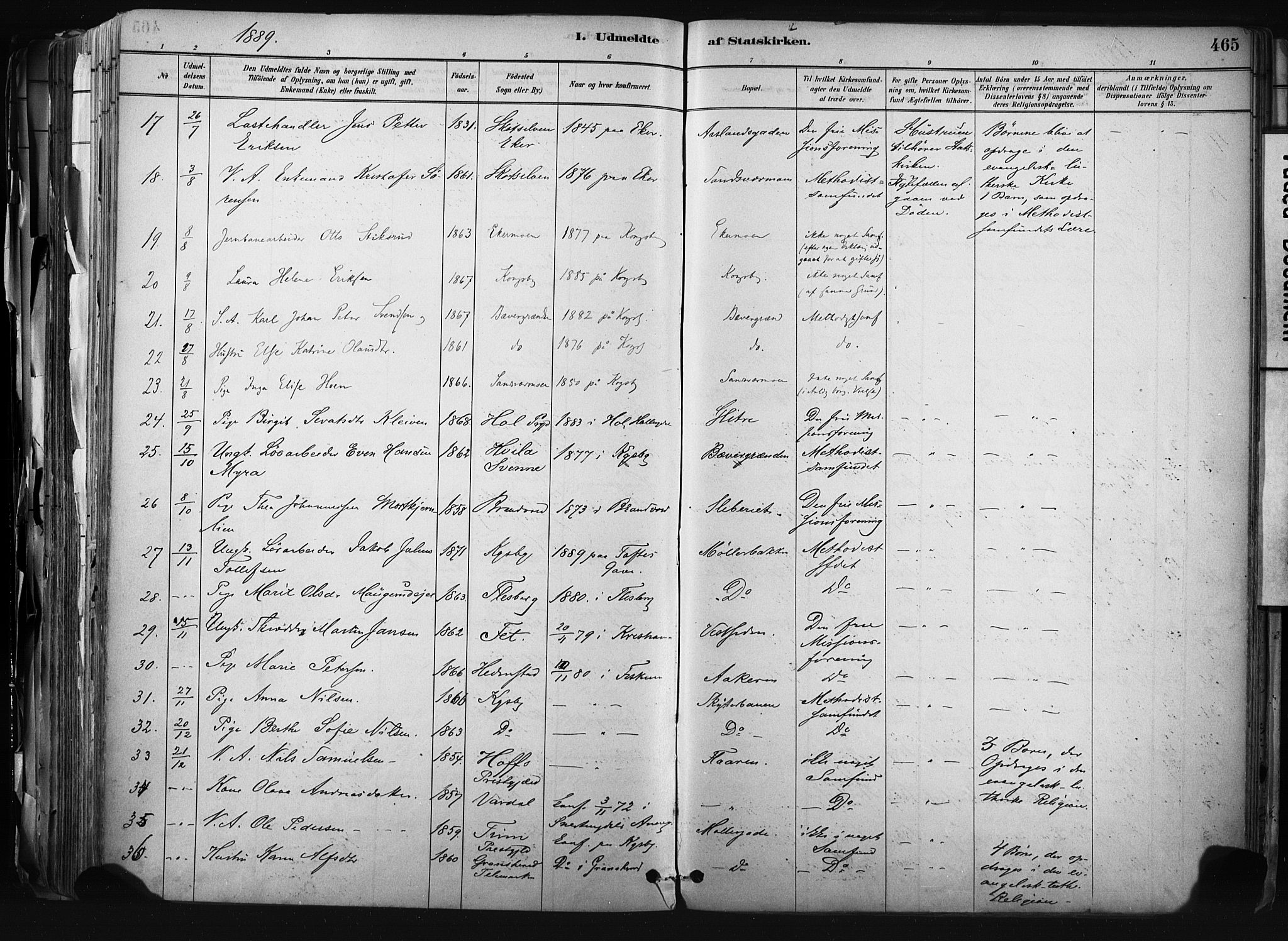 Kongsberg kirkebøker, AV/SAKO-A-22/F/Fb/L0002: Parish register (official) no. II 2, 1886-1896, p. 465