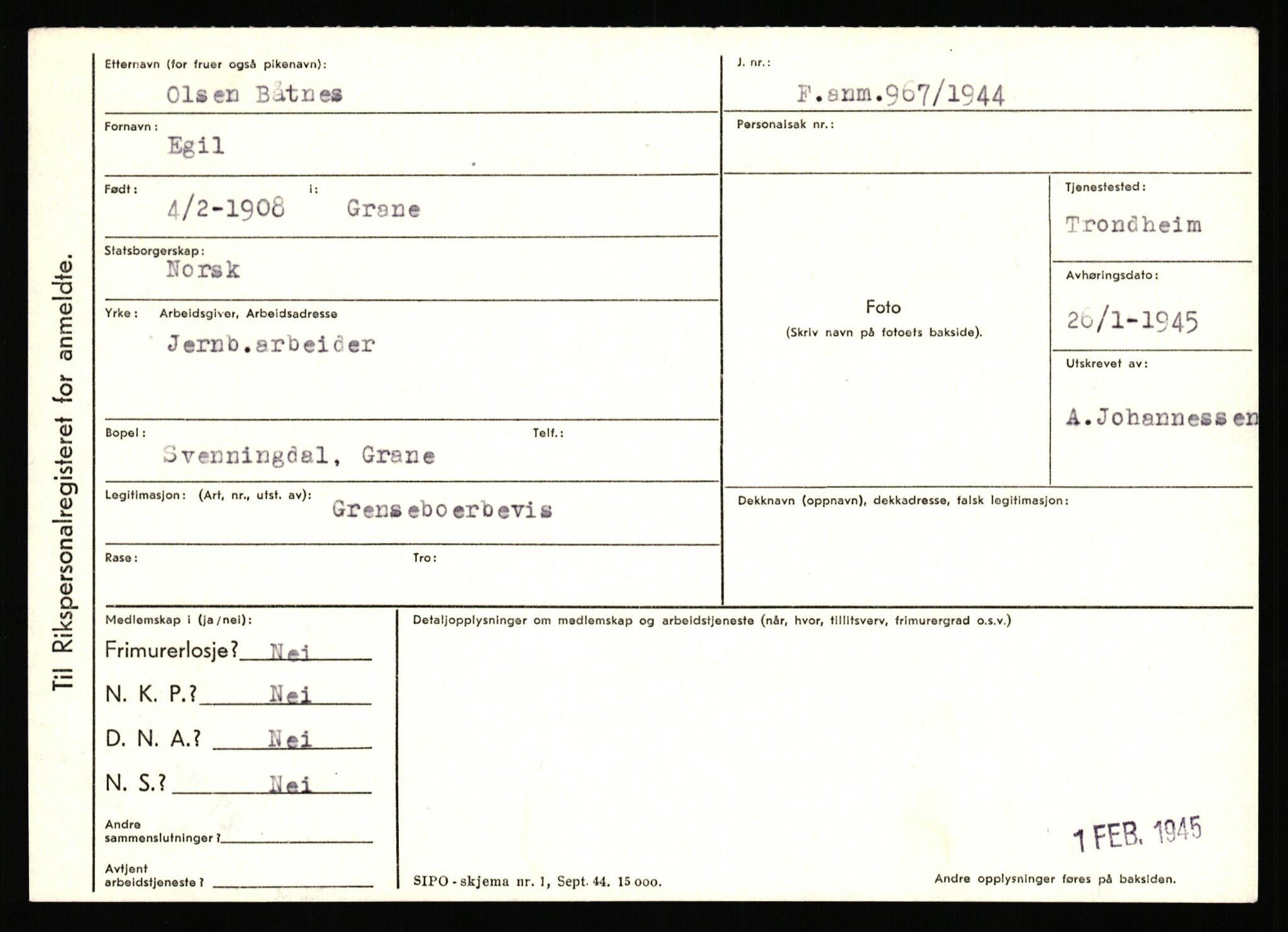 Statspolitiet - Hovedkontoret / Osloavdelingen, AV/RA-S-1329/C/Ca/L0002: Arneberg - Brand, 1943-1945, p. 909