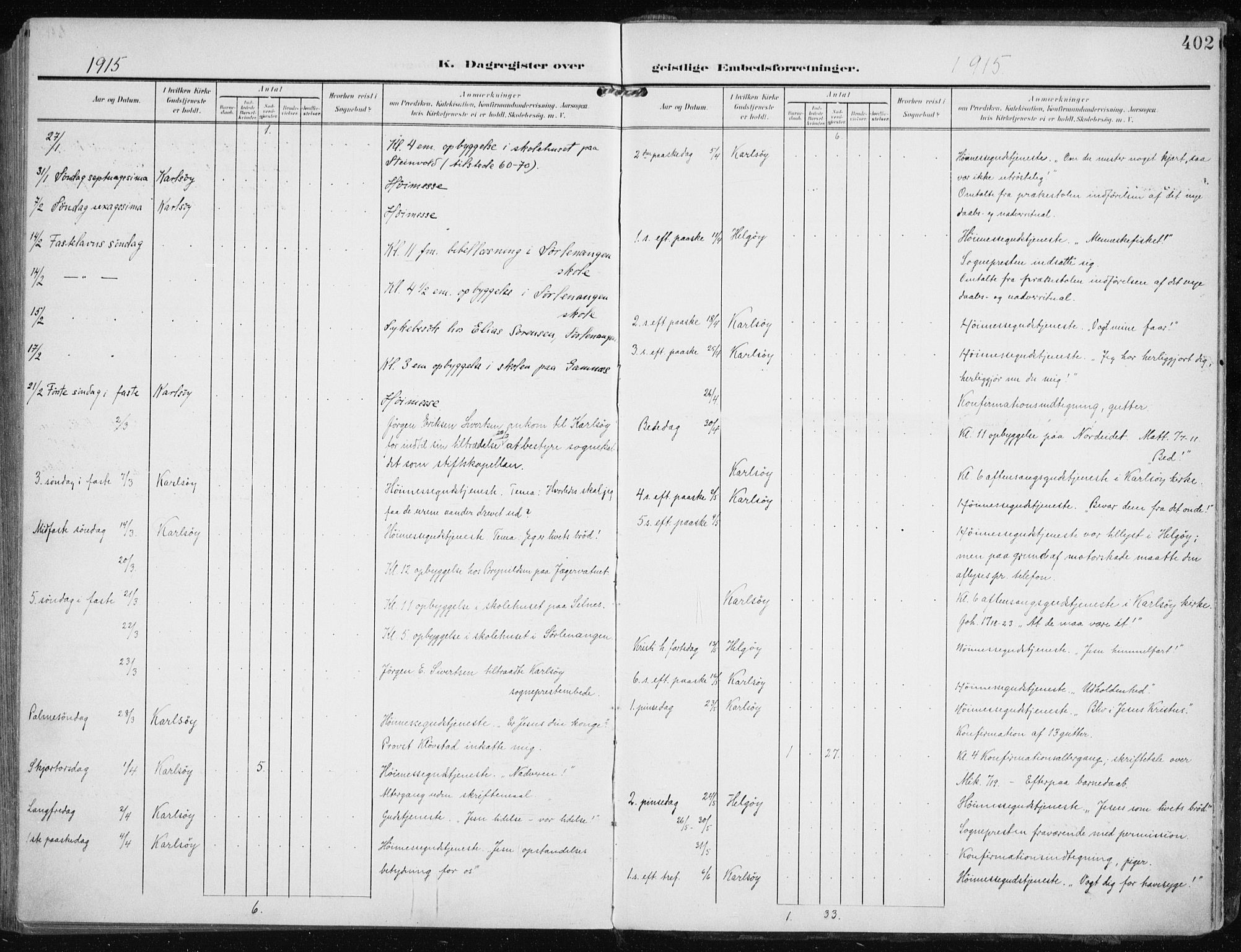 Karlsøy sokneprestembete, AV/SATØ-S-1299/H/Ha/Haa/L0014kirke: Parish register (official) no. 14, 1903-1917, p. 402