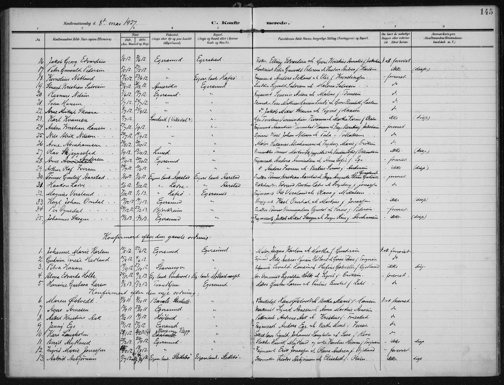 Eigersund sokneprestkontor, AV/SAST-A-101807/S08/L0022: Parish register (official) no. A 21, 1905-1928, p. 145