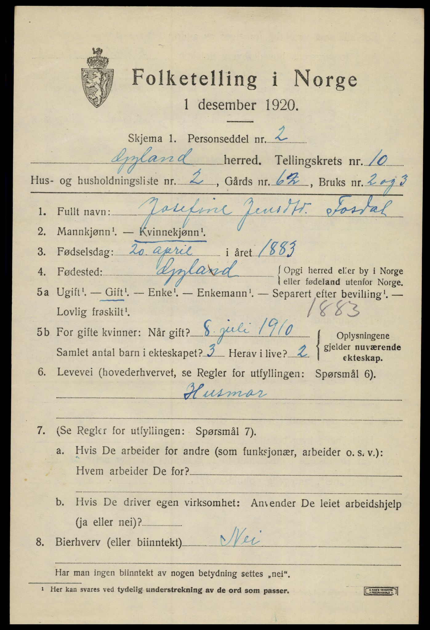 SAK, 1920 census for Gyland, 1920, p. 2188