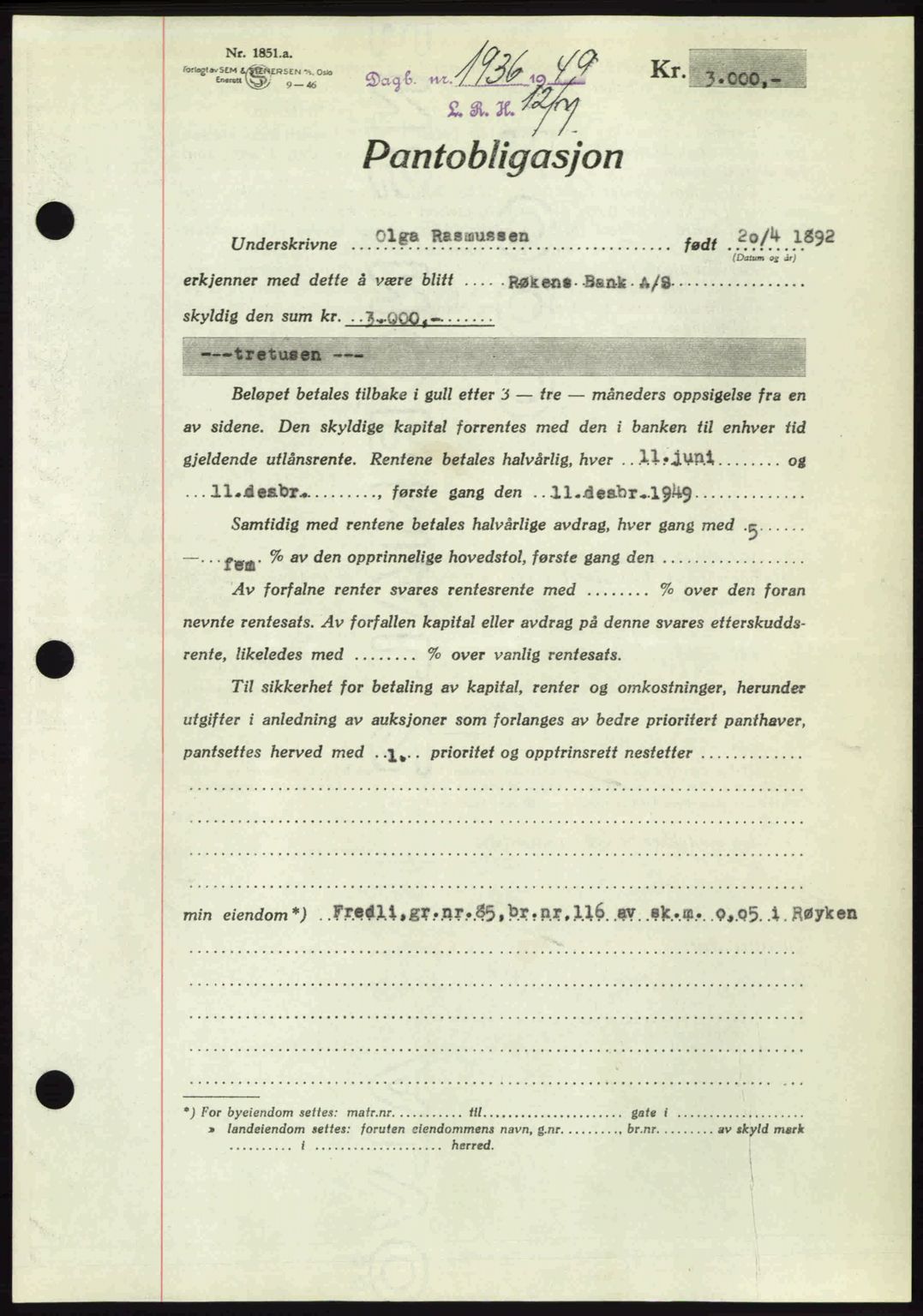 Lier, Røyken og Hurum sorenskriveri, AV/SAKO-A-89/G/Ga/Gab/L0101: Mortgage book no. 101, 1949-1949, Diary no: : 1936/1949